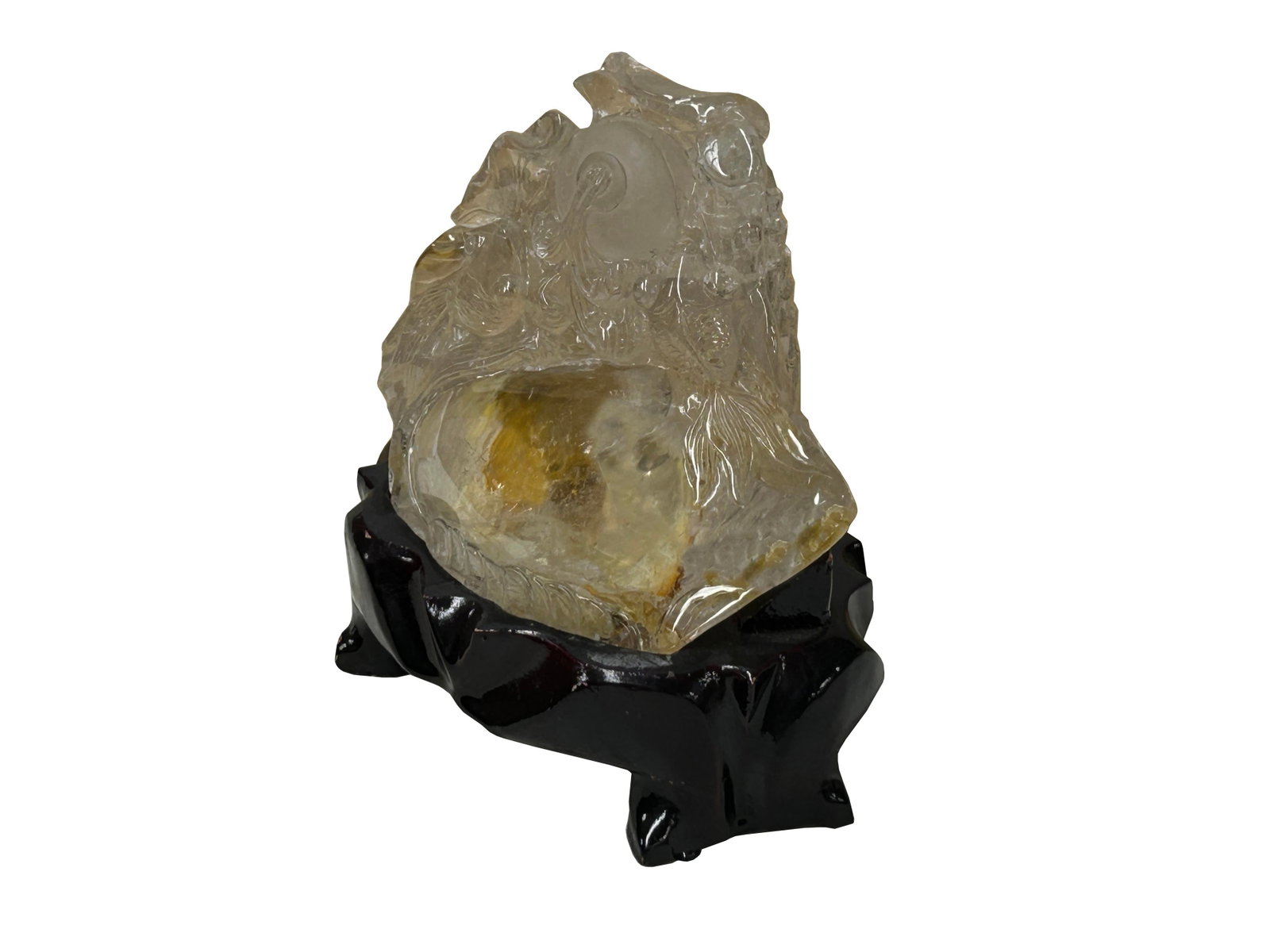 Natural Clear Crystal Koi Gold Fishes Wave Display on Wood Stand - 8