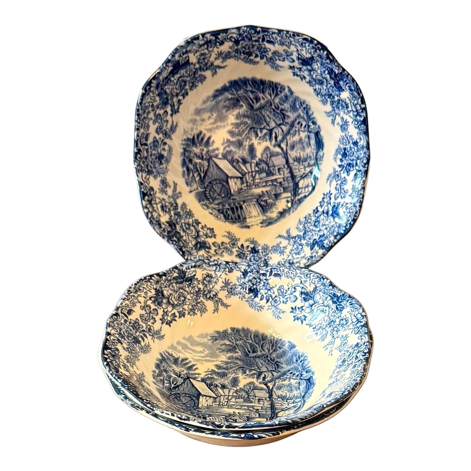 Mill Stream Bowls by Johnson Brothers - 3pcs: Homes embraced the quaint charm of English countryside motifs during the 1950's. The "Mill Stream" bowl, adorned with delicate floral and pastoral scenes is crafted by the well-loved Johnson Brothers