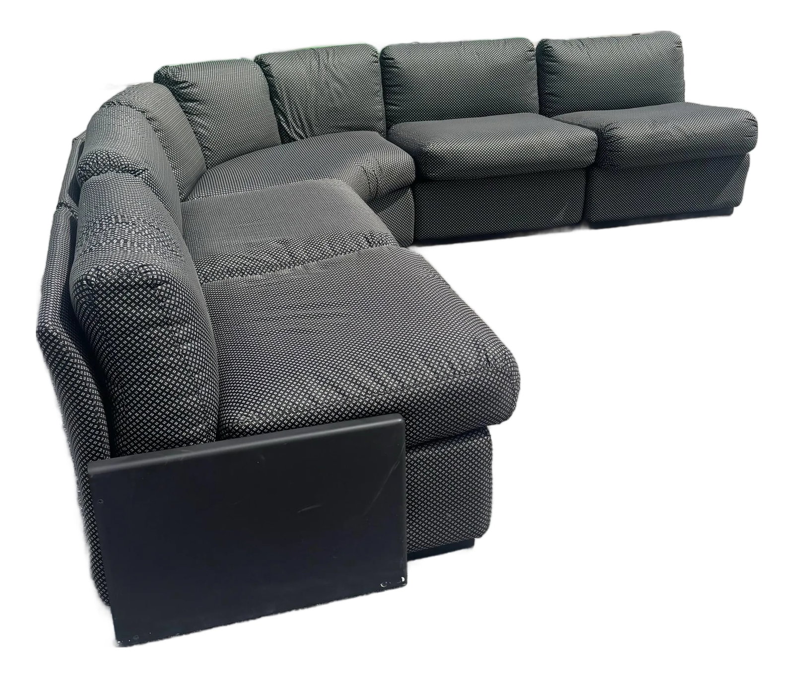 Postmodern Black on Black Modular Sectional Sofa - 5 Pieces: A striking Postmodern modular sectional sofa, executed in a sophisticated black-on-black palette that emphasizes both form and texture. Comprising five individual pieces, this configuration offers fle