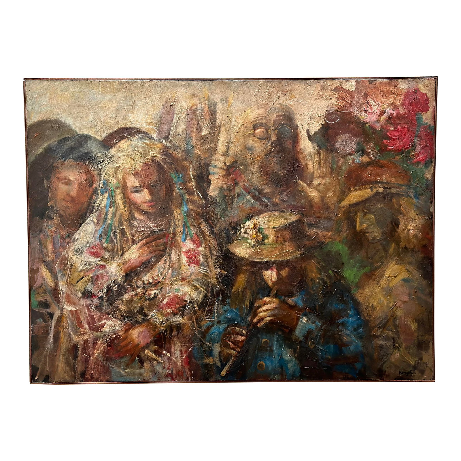 1970s Jonah Kinigstein - Abstract Impressionist Oil on Board - Flower Children Wedding: Abstract Impressionist oil on board by New York artist Jonah Kinigstein. Titled "Flower Children Wedding" Jonah Kinigstein is an American Postwar & Contemporary painter, born in 1923. Kinigstein's