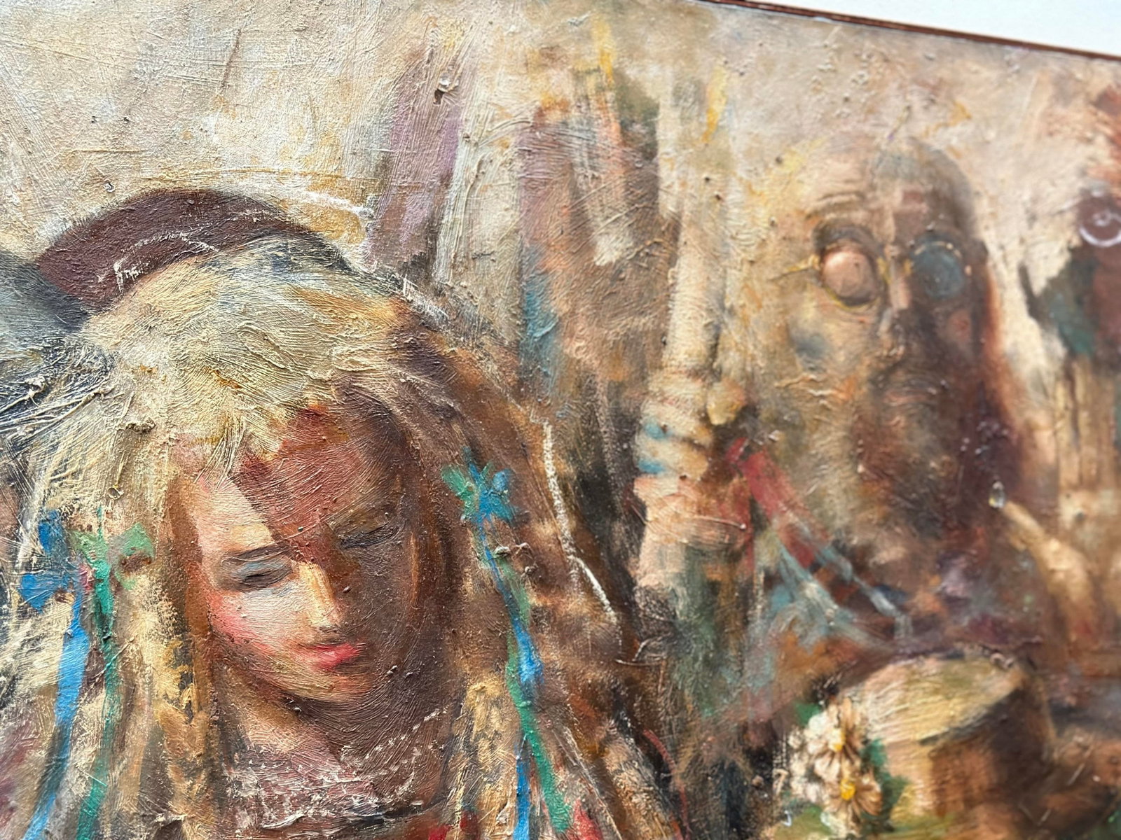 1970s Jonah Kinigstein - Abstract Impressionist Oil on Board - Flower Children Wedding - 8