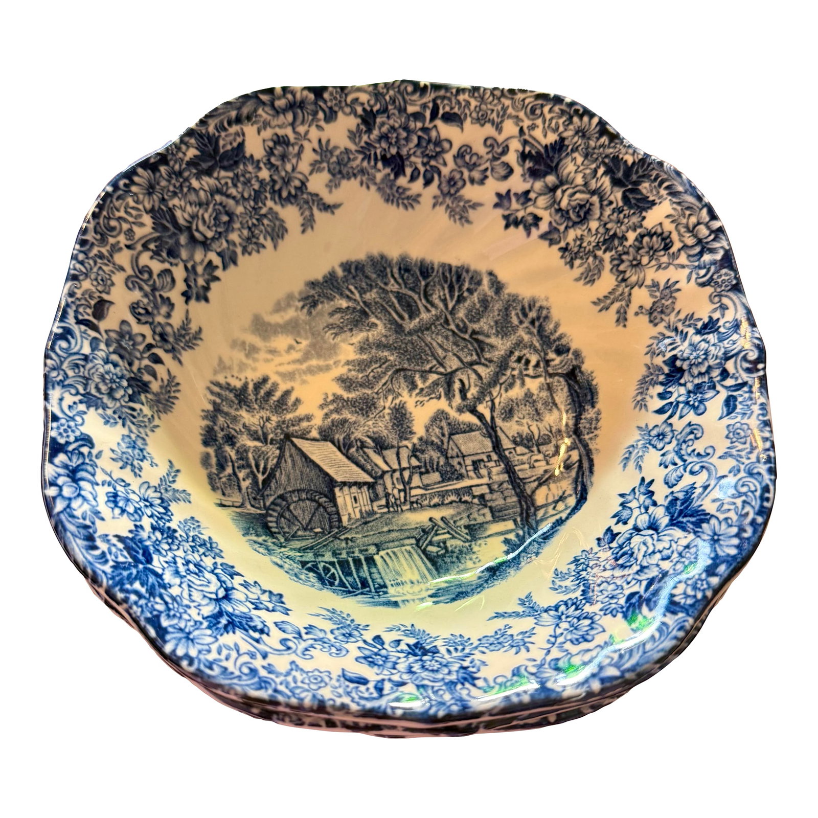 1950s Mill Stream Cereal Bowls by Johnson Brothers - Set of 3: In the gentle post-war glow of the 1950s, homes embraced the quaint charm of English countryside motifs. This "Mill Stream" bowl, adorned with delicate floral and pastoral scenes, served as a