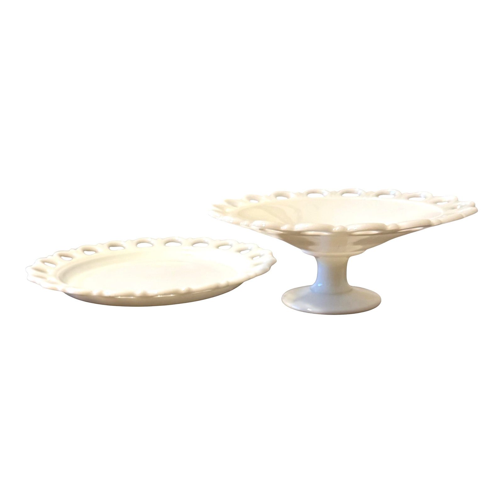Anchor Hocking Milk Glass Lace Edge Serving Set: These pieces are cherished for their elegant simplicity and functionality, suitable for serving desserts, appetizers, or as decorative display items embodying a timeless charm that complements