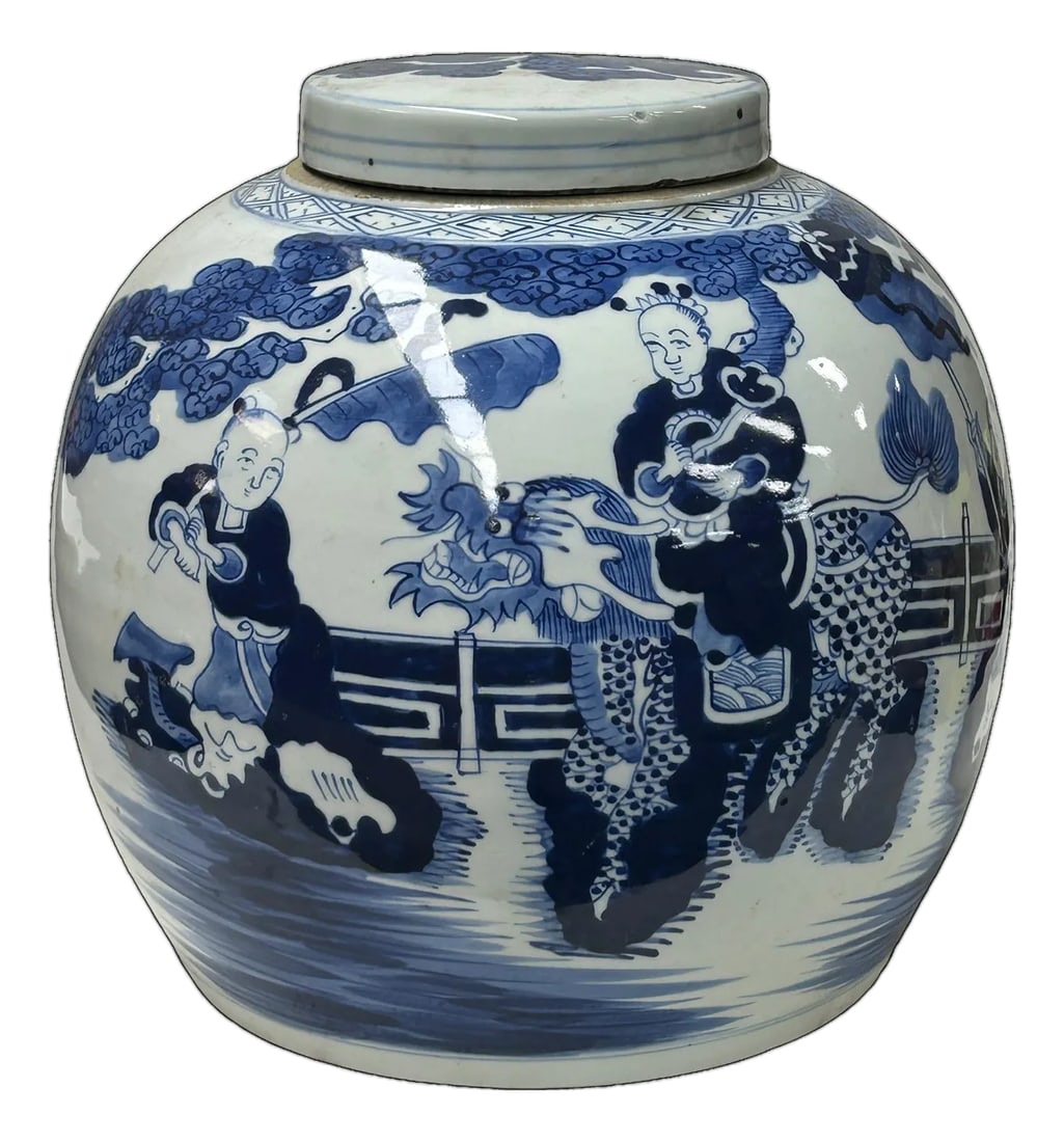 Oriental Blue White Big Kirin Riding Porcelain Large Ginger Jar: This blue and white ceramic ginger jar is a classic example of traditional Chinese pottery, featuring a stout, globular body and a flat-topped lid. The vessel is decorated with a vibrant cobalt blue u