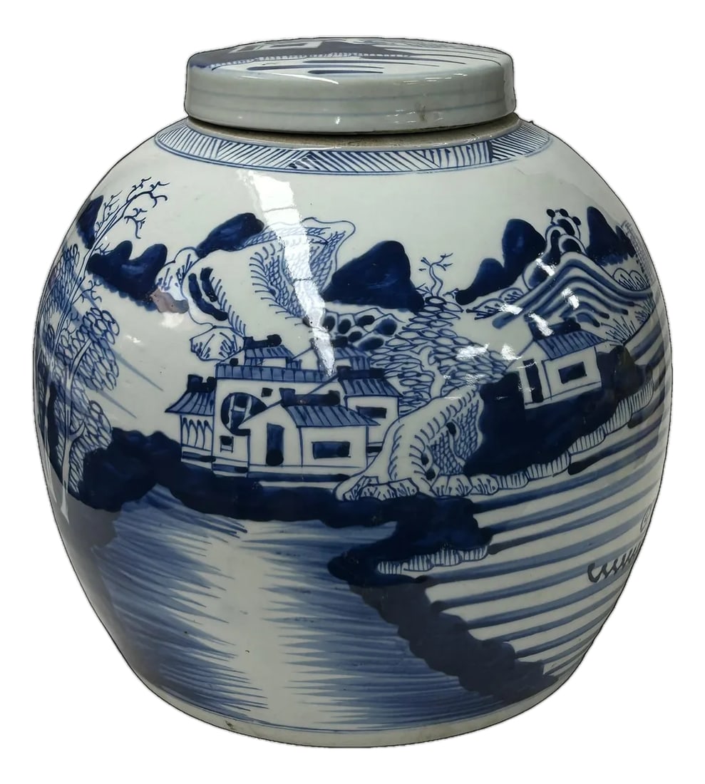 Oriental Blue White Scenery Porcelain Large Ginger Jar: This ceramic ginger jar features a classic globular body decorated in a traditional underglaze cobalt blue and white palette. The hand-painted landscape scene wraps around the vessel, depicting a tran