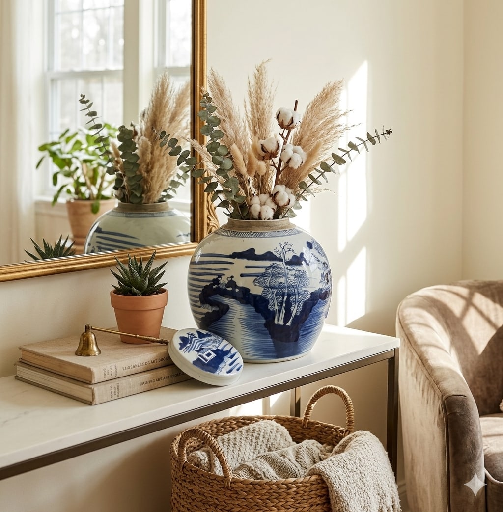 Oriental Blue White Scenery Porcelain Large Ginger Jar - 7