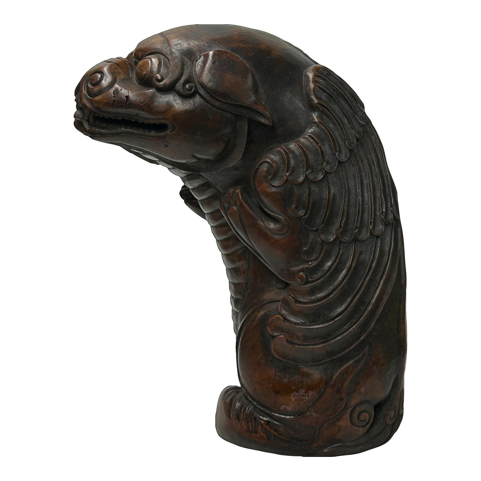 Vintage Handcrafted Bixie Pixiu Mythical Wings Bamboo Display Art Figure: This hand-carved bamboo element depicts a mythical creature, likely a Bixie or a winged lion, characterized by a powerful, stylized form and a protective countenance. The figure features a prominent,