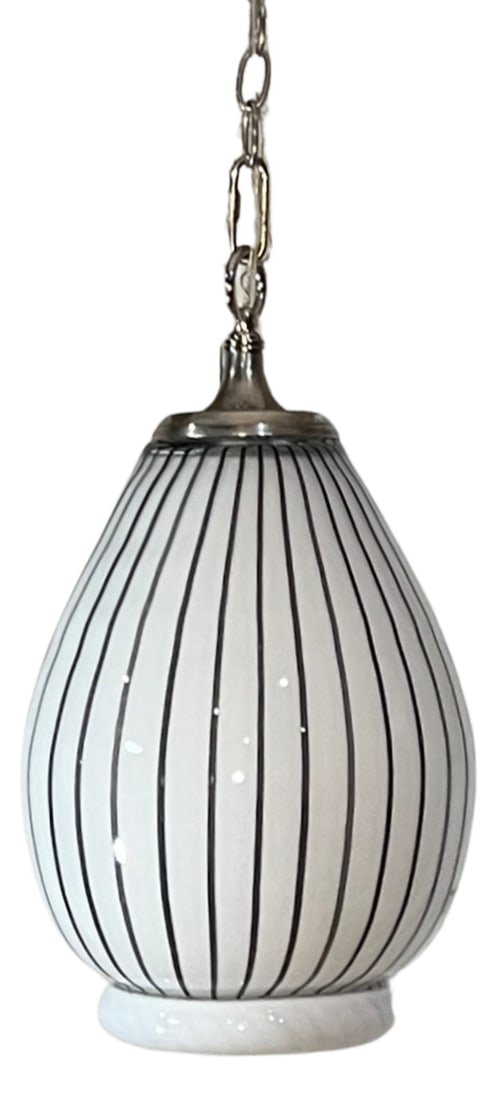 Vintage Murano Striscia Art Glass White Oval Pendant Light With Black Stripes - 15