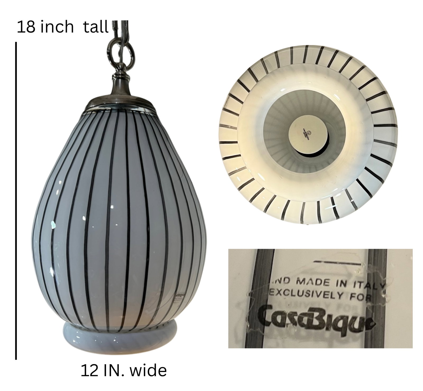 Vintage Murano Striscia Art Glass White Oval Pendant Light With Black Stripes - 18