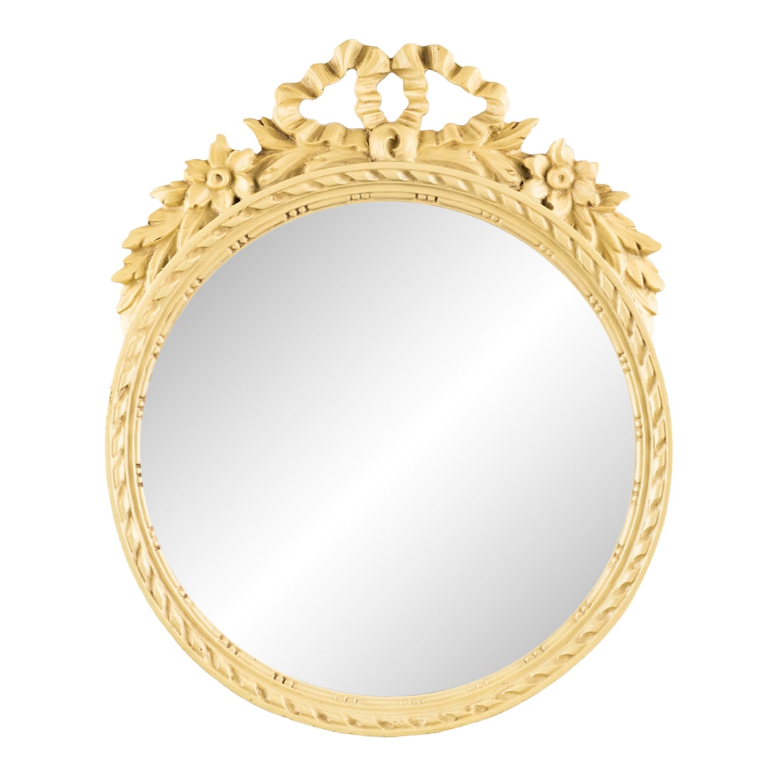 Vintage Gilt Oval Mirror With Floral Crest: A graceful vintage round wall mirror with a molded plaster frame and an ornate pierced crest detailed with flowers and scrolling ornament. Its shape and decorative language draw from Louis XVI and
