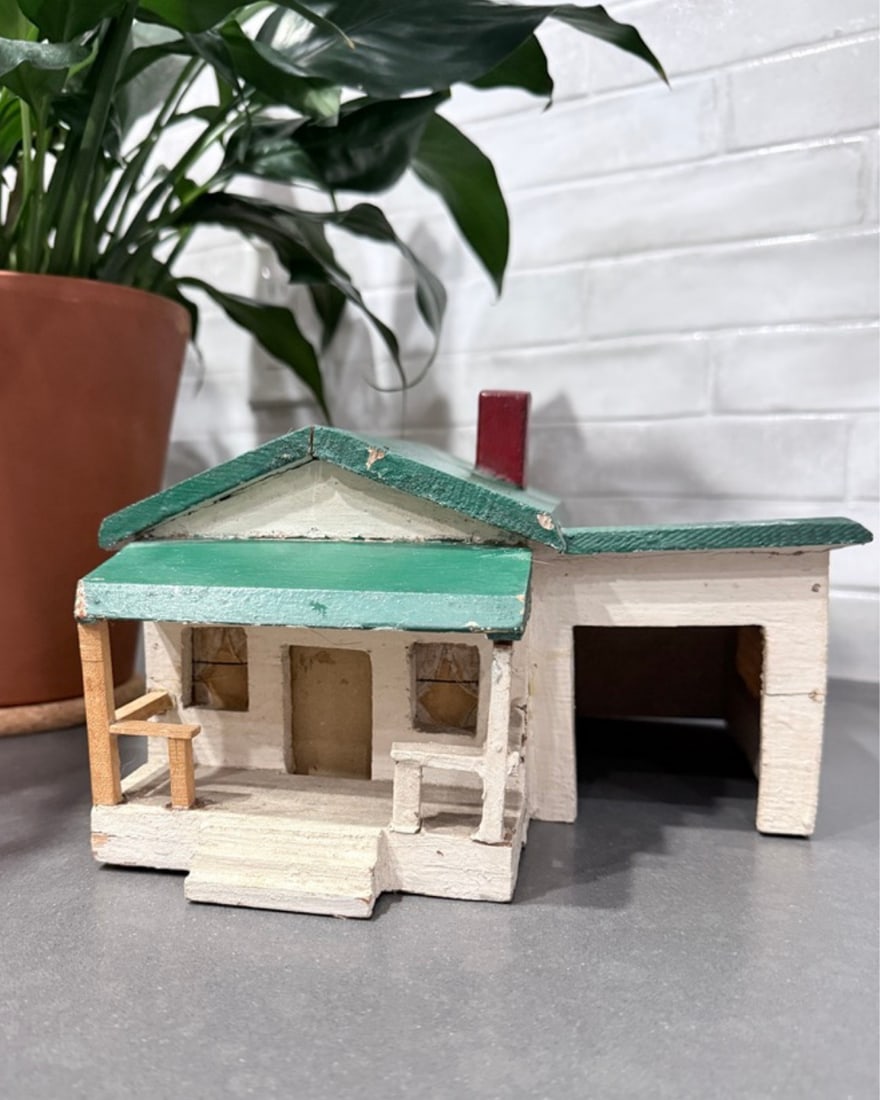 Vintage Handmade Folk Art House Model With Green Roof - 2