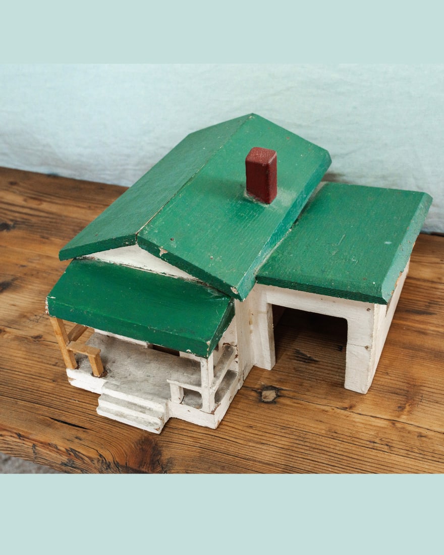 Vintage Handmade Folk Art House Model With Green Roof - 3
