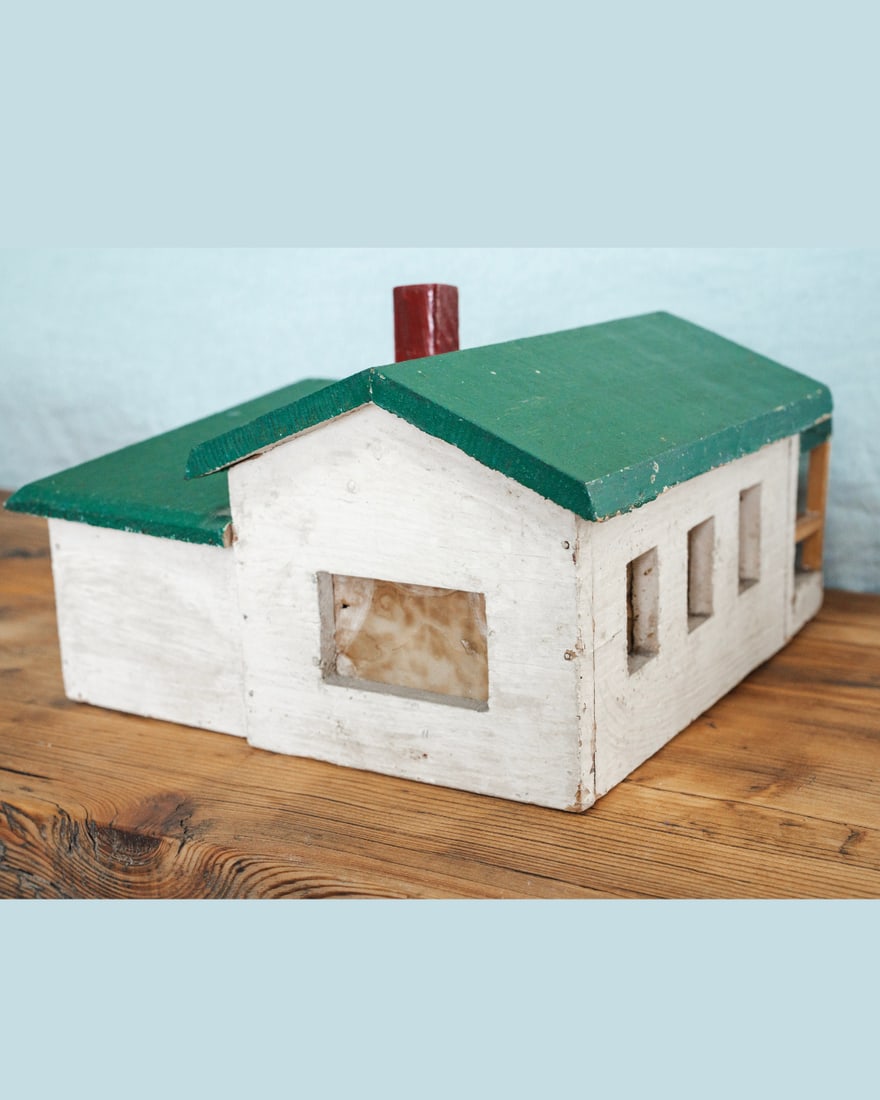 Vintage Handmade Folk Art House Model With Green Roof - 4