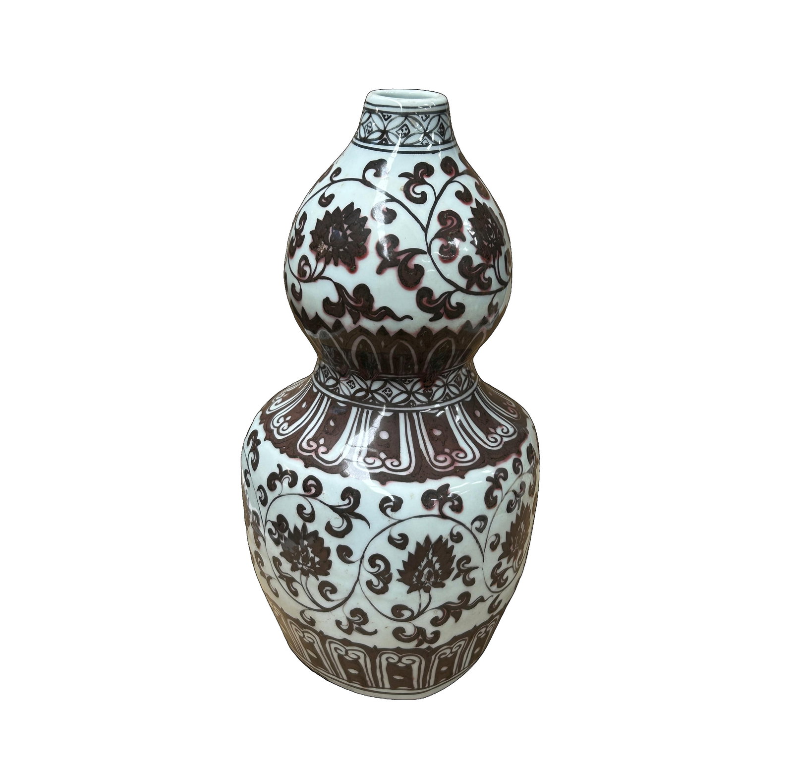 Vintage Gourd Shape Copper Red Underglaze Floral Graphic Porcelain Vase - 3