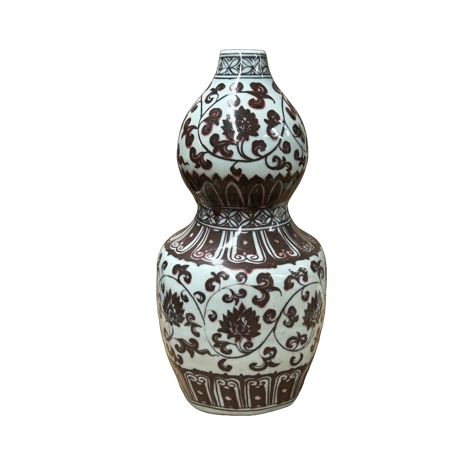 Vintage Gourd Shape Copper Red Underglaze Floral Graphic Porcelain Vase - 5
