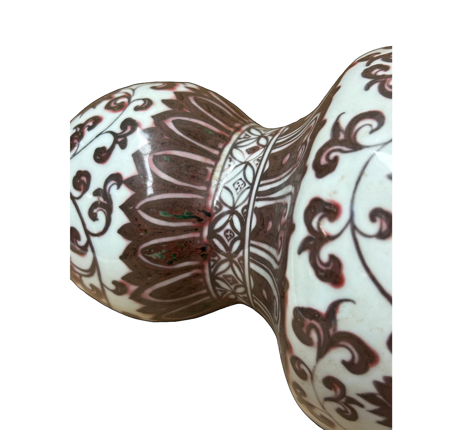 Vintage Gourd Shape Copper Red Underglaze Floral Graphic Porcelain Vase - 7
