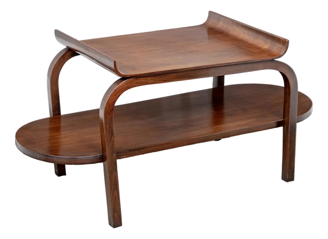 1940s McM/Art Deco Two Tier Wood Accent Table Attributed to Thonet-Mundus: A fabulous rare accent table attributed to Thonet-Mundus with an eye-catching blend of art deco and mid-century modern appeal, well crafted in a warm-toned medium brown finish. The table