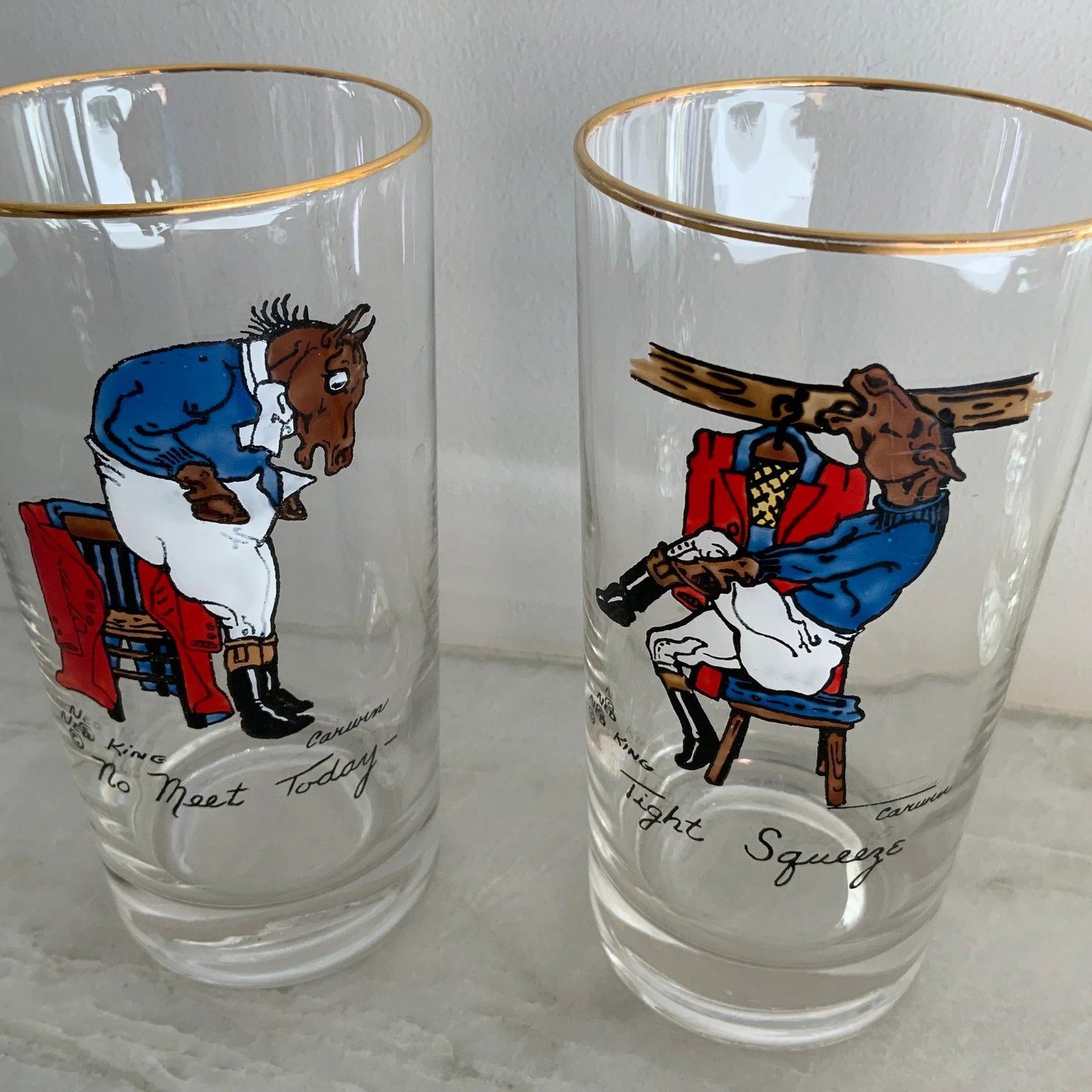 Vintage Ned King for Carwin Gilt-Rimmed Humorous Equestrian Highball Glasses - Set of 8 - 4