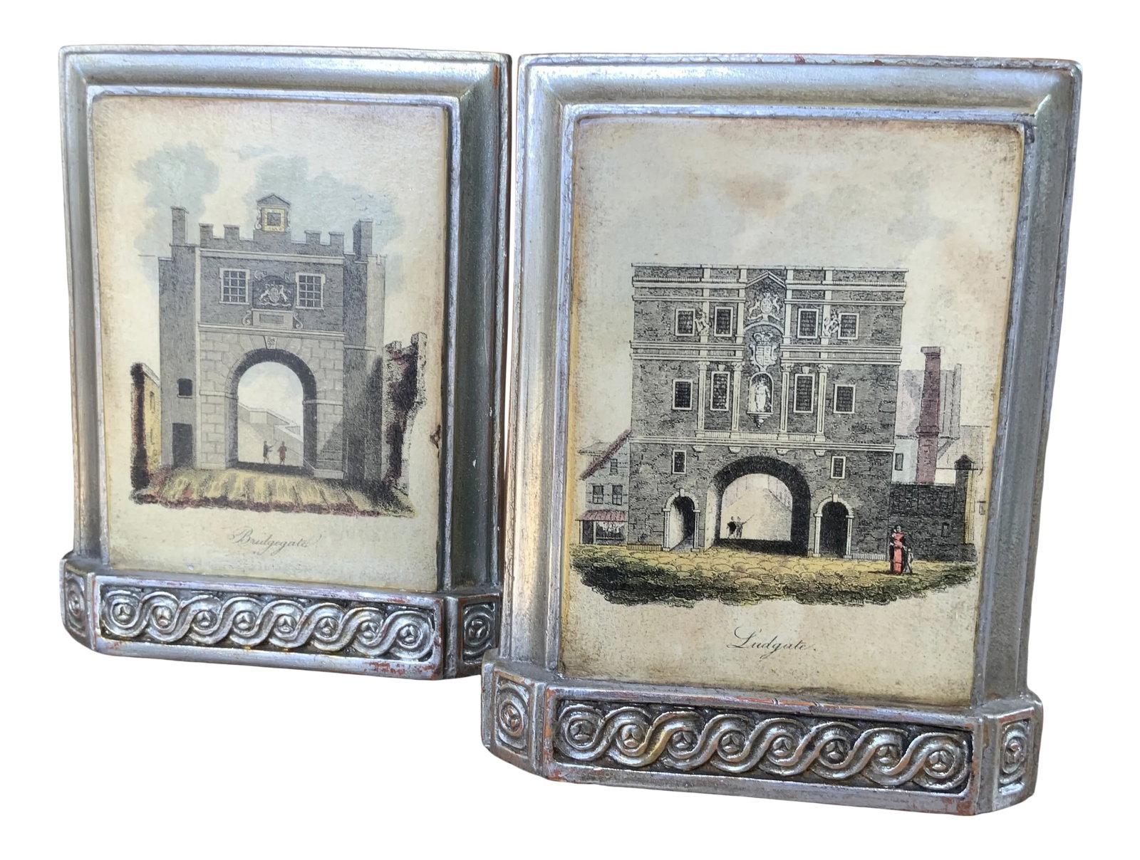 Scully & Scully-Style Vintage Borghese Italian Leather Hand Painted Bookends Featuring London Gates: Vintage Italian hand-painted bookends by Borghese, featuring two of London's old city gates: Brigegate and Ludgate. In excellent condition with fancy scroll design to base. Metal bases slide under