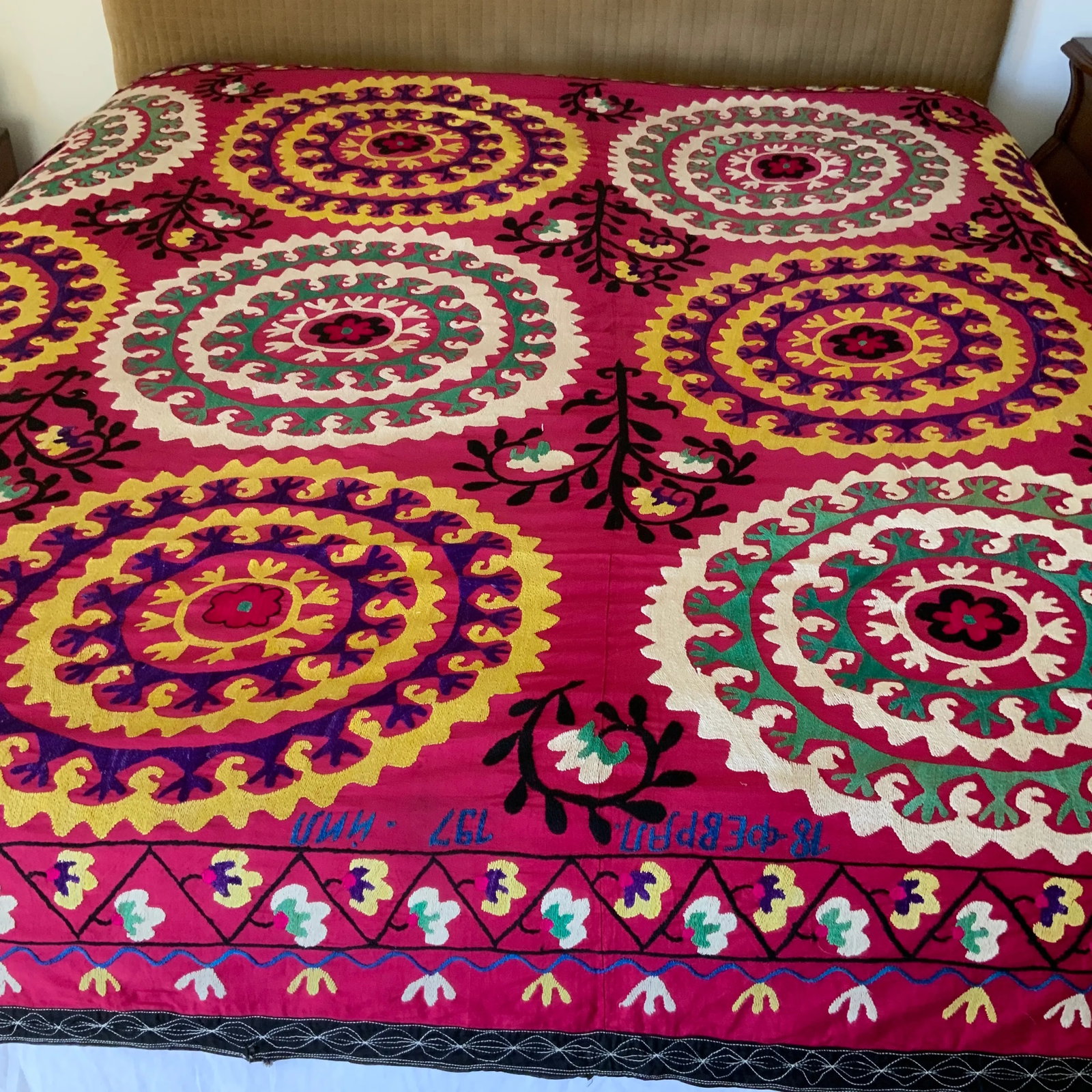 Antique Signed Hand-Embroidered Large Suzani Textile - 11