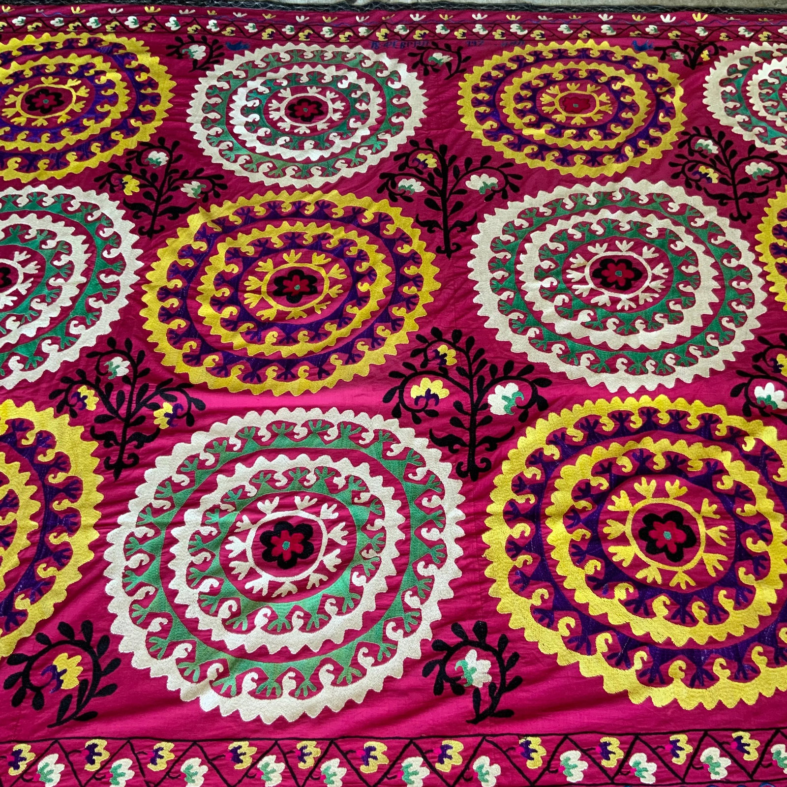 Antique Signed Hand-Embroidered Large Suzani Textile - 8
