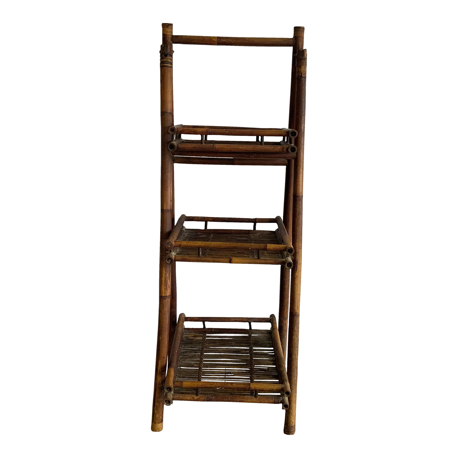 1960s Rustic Cottage-Style Folding Bamboo Etagere: Fantastic folding bamboo etagere that will fit into a beach, country or traditional decor scheme. This 51" tall shelving unit is approximately 19" wide and stands 19" deep at its widest point (bottom