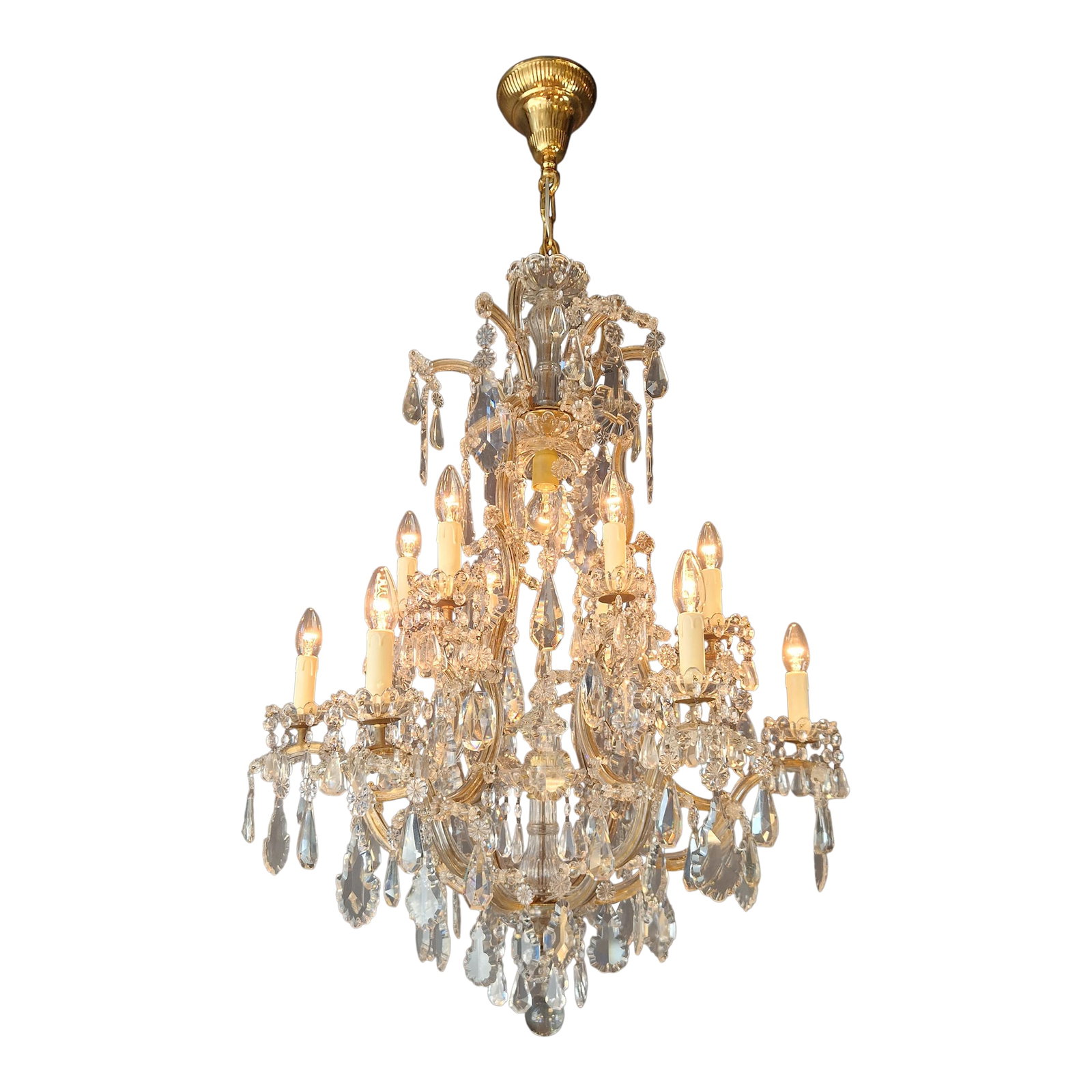 Antique Crystal Chandelier Maria Theresa Style 18th Century Faceted Light Effect: A classic chandelier in the Maria Theresa style, distinguished by its refined detailing and balanced elegance. This piece has been fully restored in our Berlin workshop. The electrical system has