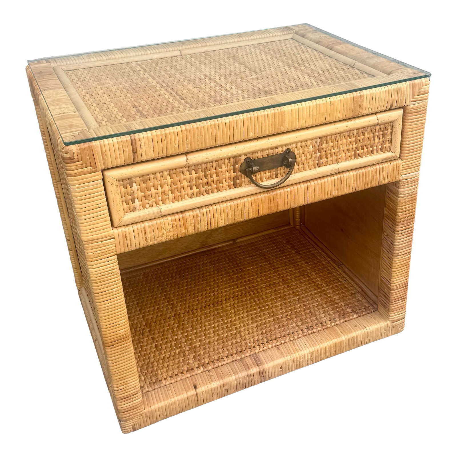 Big Chic Wicker Wrapped Nightstand With Glass Top: A charming boho chic nightstand that beautifully captures relaxed coastal sophistication through its expertly wrapped wicker and rattan craftsmanship. Featuring a woven cane drawer front, open lower