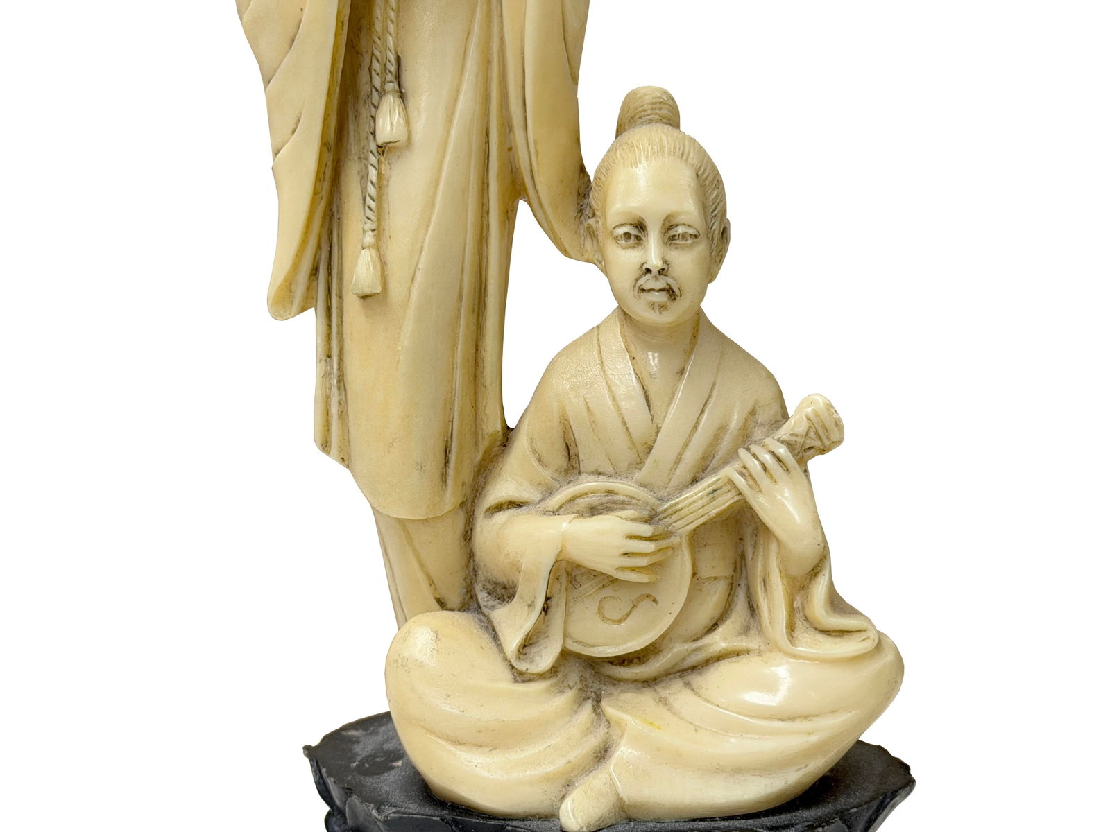 Vintage Asian Cow Bone Carved Lady W Gentleman Music Playing Figure Art - 11