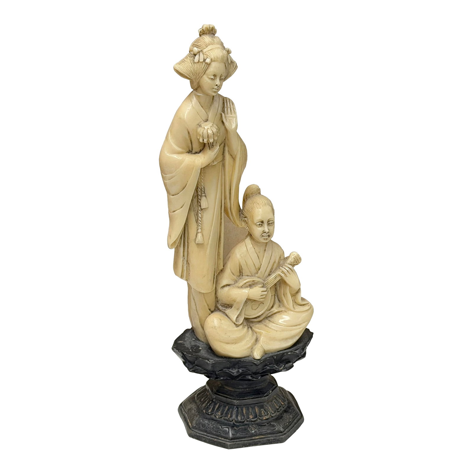 Vintage Asian Cow Bone Carved Lady W Gentleman Music Playing Figure Art: This exquisite vintage-style cow bone carving captures a serene moment of traditional artistry, featuring a graceful standing female figure and a seated musician. The tall, elegant lady is depicted