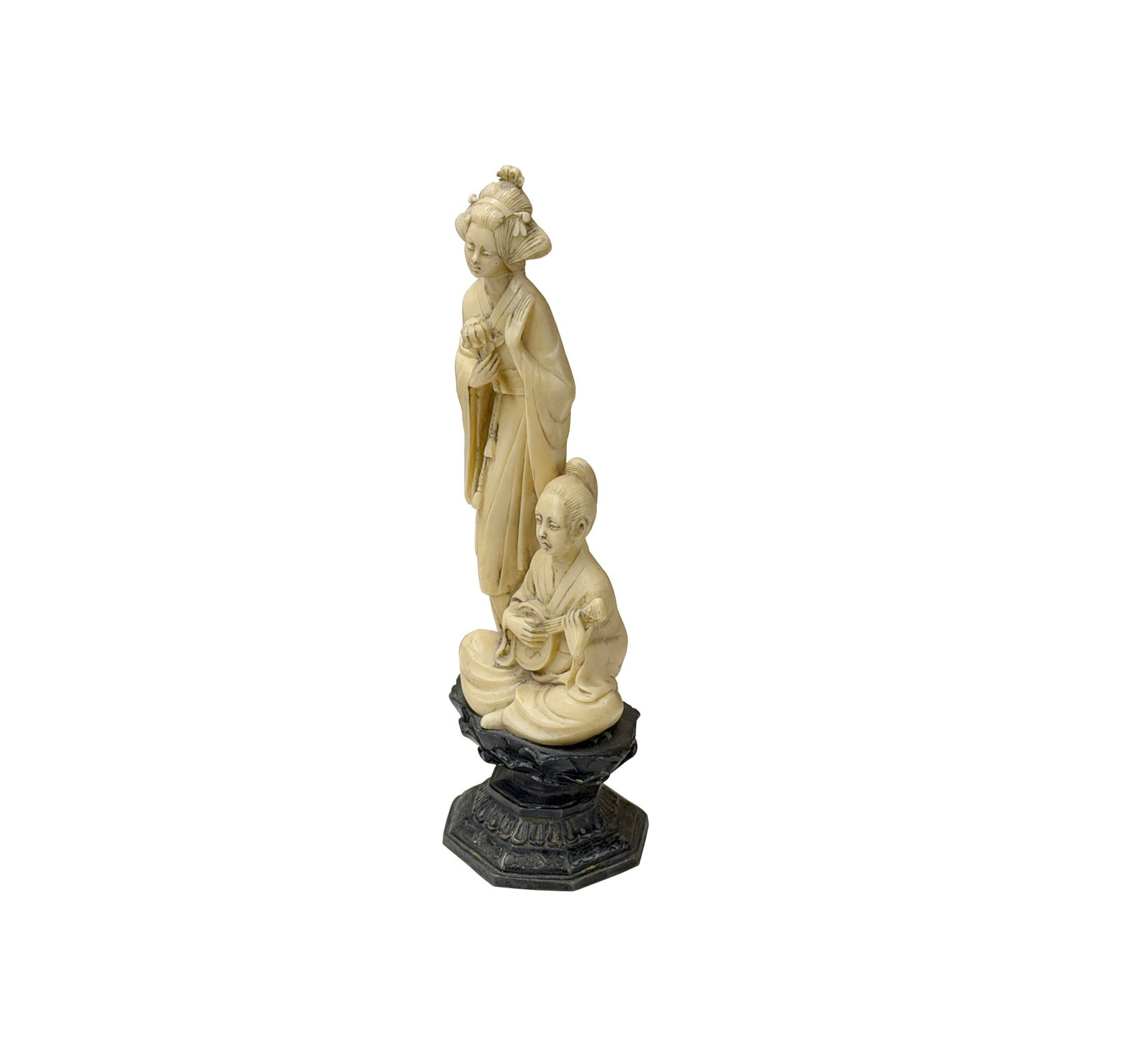 Vintage Asian Cow Bone Carved Lady W Gentleman Music Playing Figure Art - 2