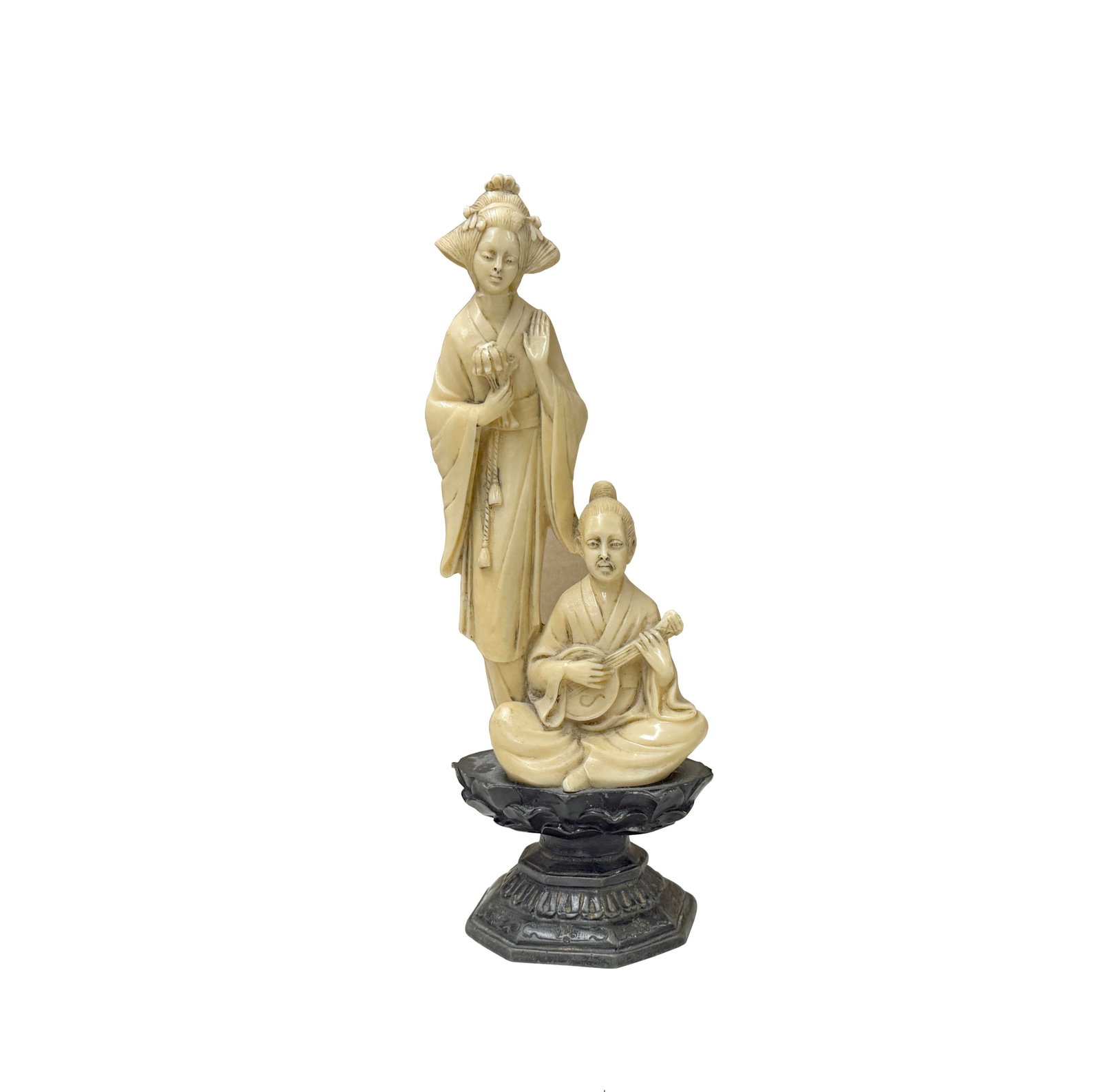 Vintage Asian Cow Bone Carved Lady W Gentleman Music Playing Figure Art - 5