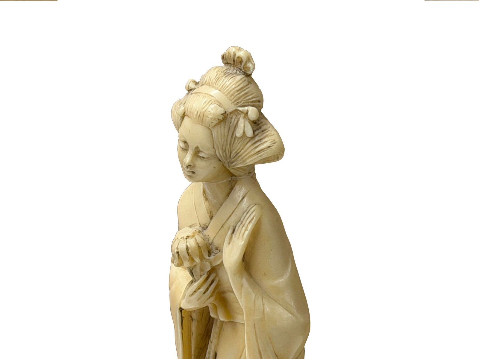 Vintage Asian Cow Bone Carved Lady W Gentleman Music Playing Figure Art - 7