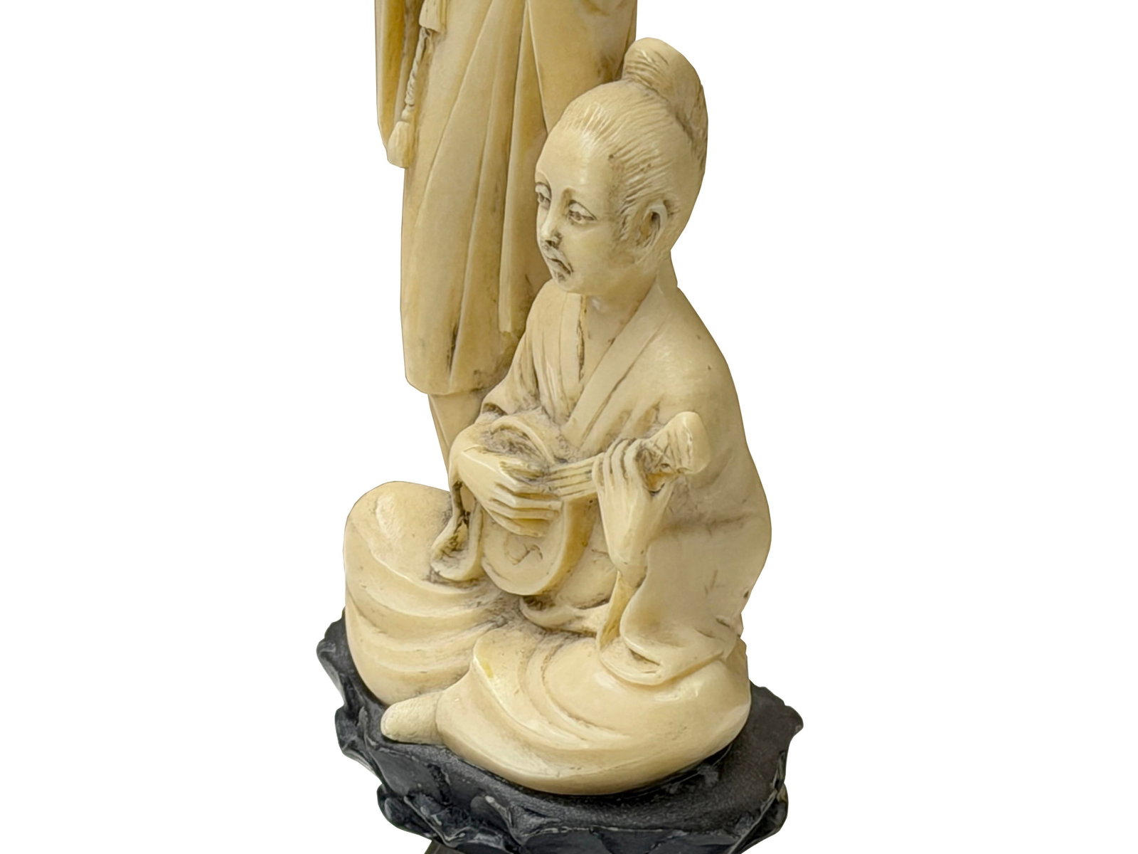 Vintage Asian Cow Bone Carved Lady W Gentleman Music Playing Figure Art - 9