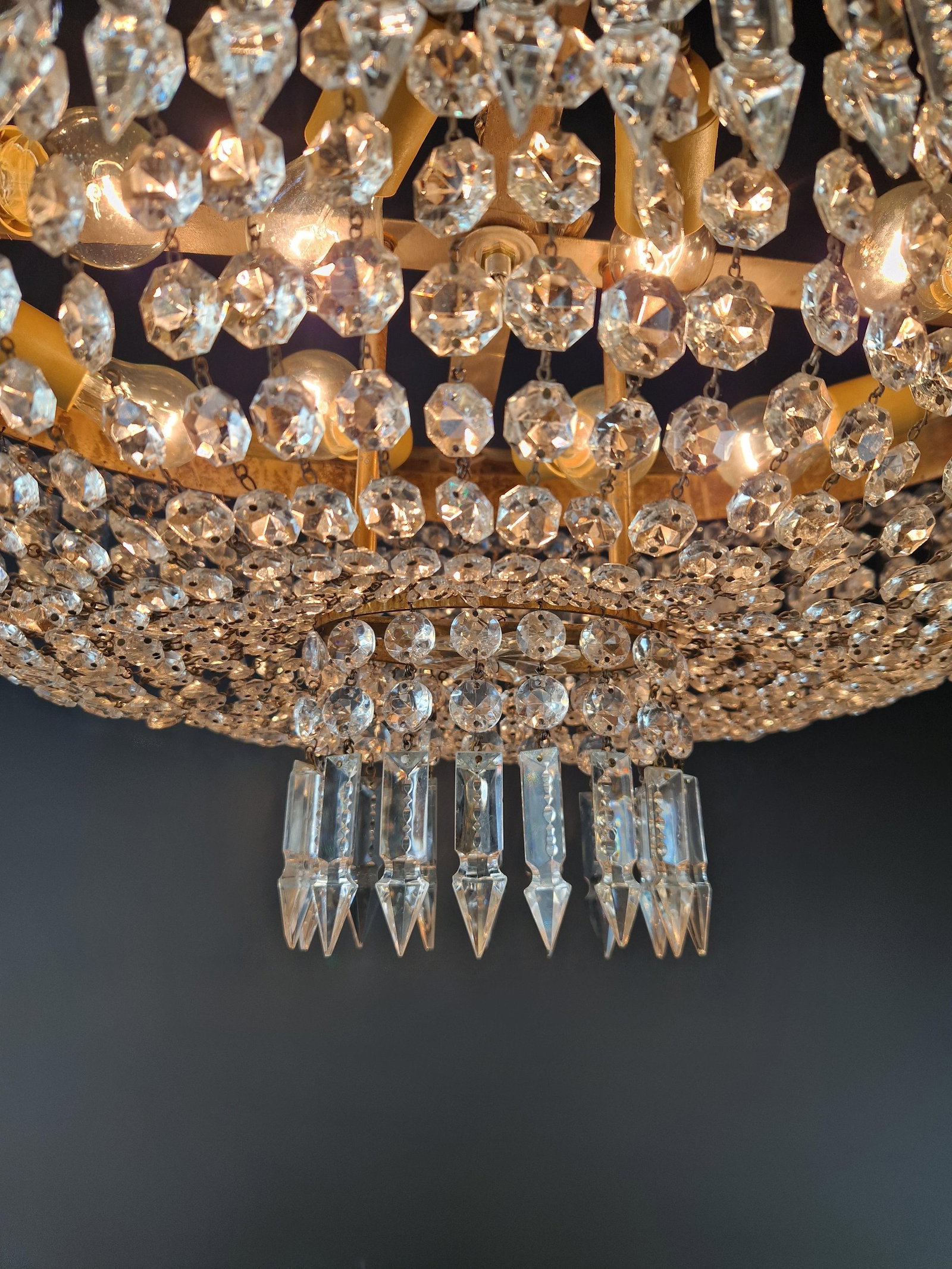 Antique Oval Flush Mount Chandelier Brass Crystal Ceiling Light Restored Gold - 10
