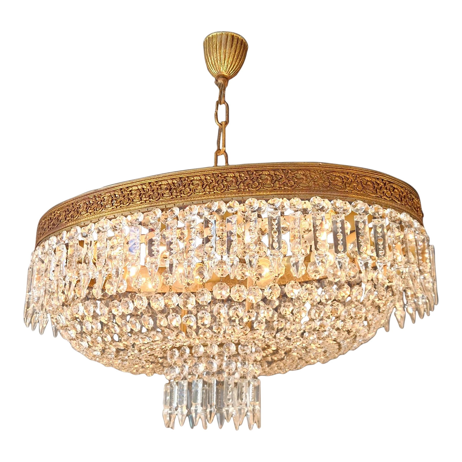 Antique Oval Flush Mount Chandelier Brass Crystal Ceiling Light Restored Gold (1 of 10)
