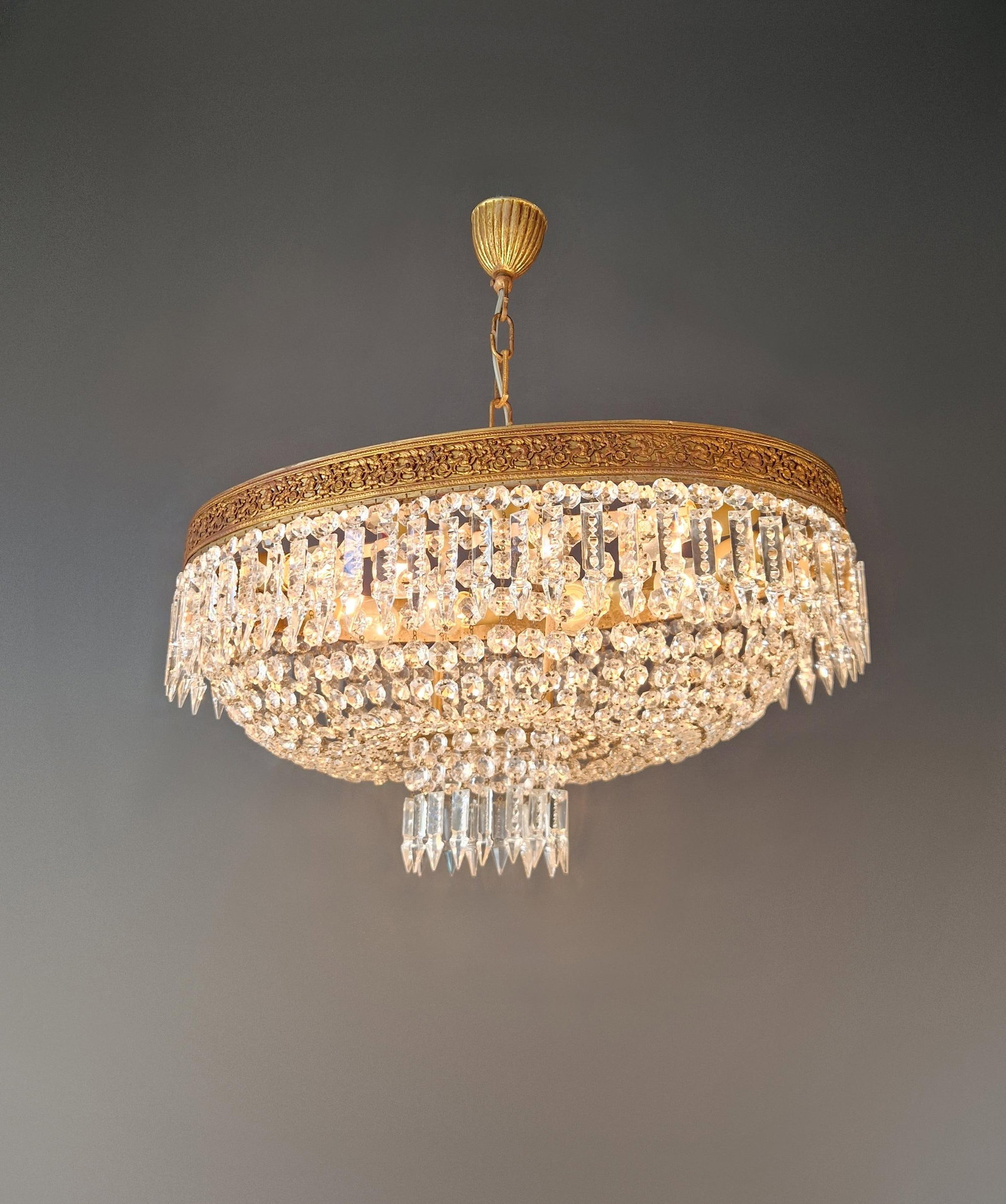 Antique Oval Flush Mount Chandelier Brass Crystal Ceiling Light Restored Gold - 2