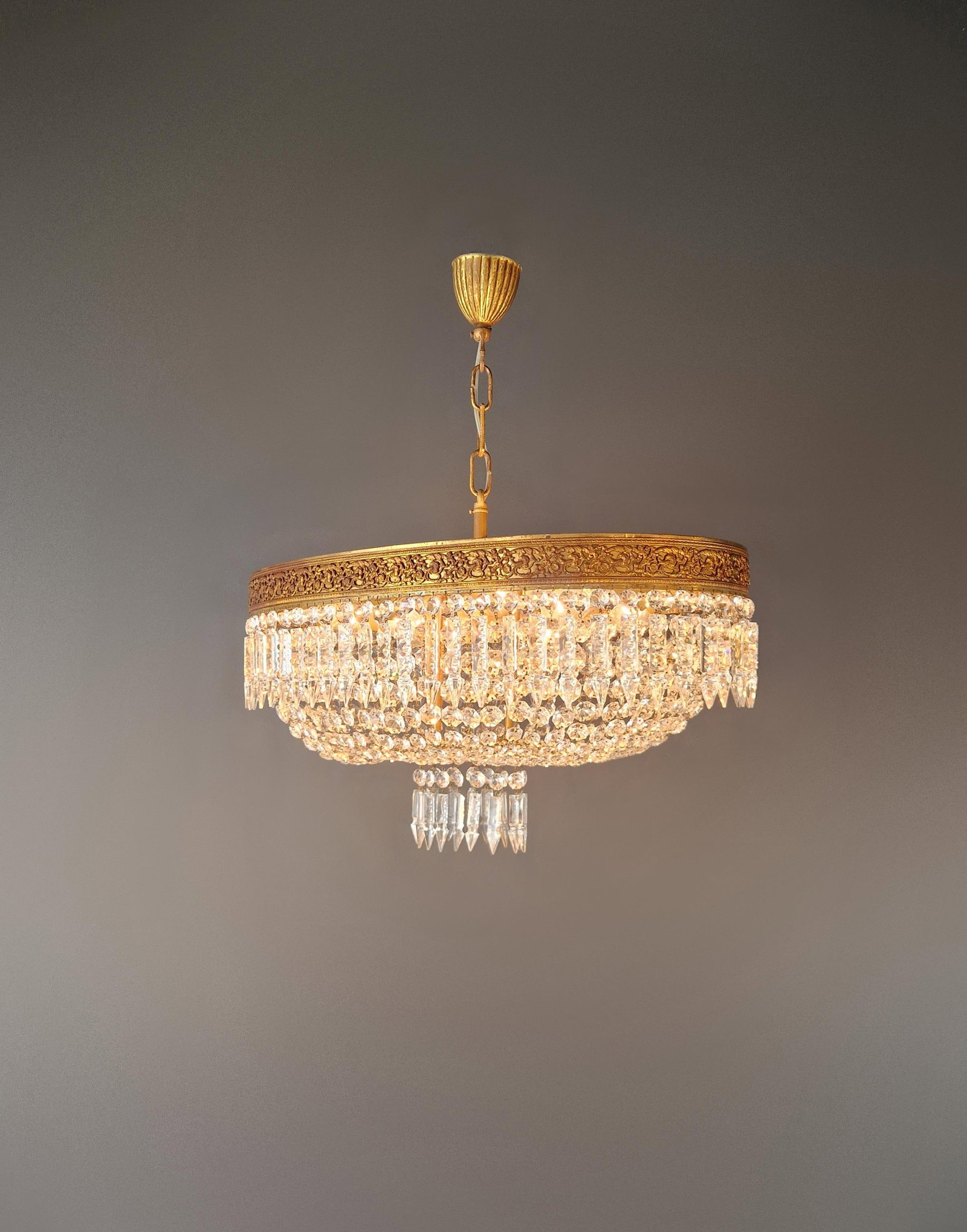 Antique Oval Flush Mount Chandelier Brass Crystal Ceiling Light Restored Gold - 3
