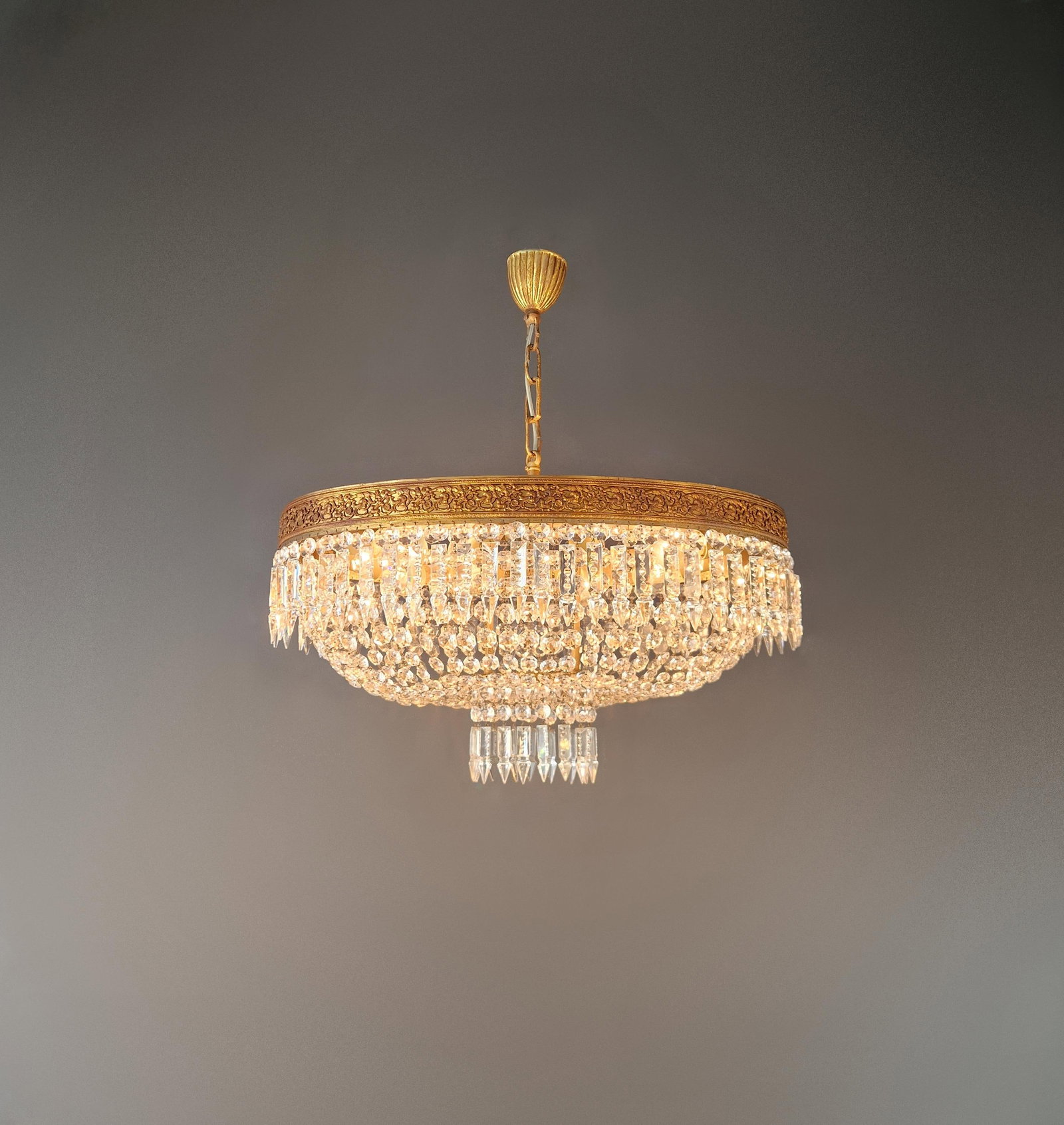 Antique Oval Flush Mount Chandelier Brass Crystal Ceiling Light Restored Gold - 4