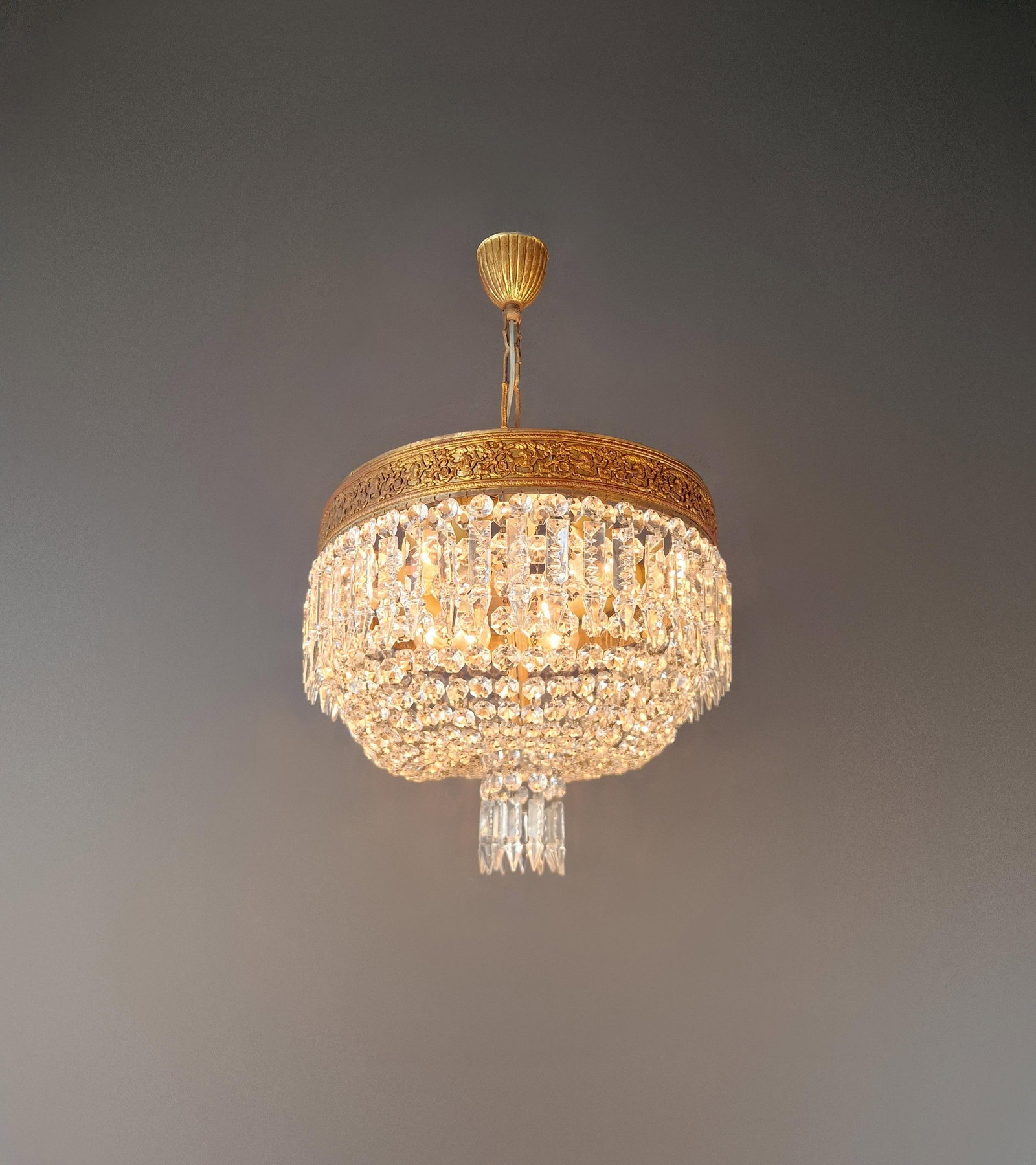 Antique Oval Flush Mount Chandelier Brass Crystal Ceiling Light Restored Gold - 5