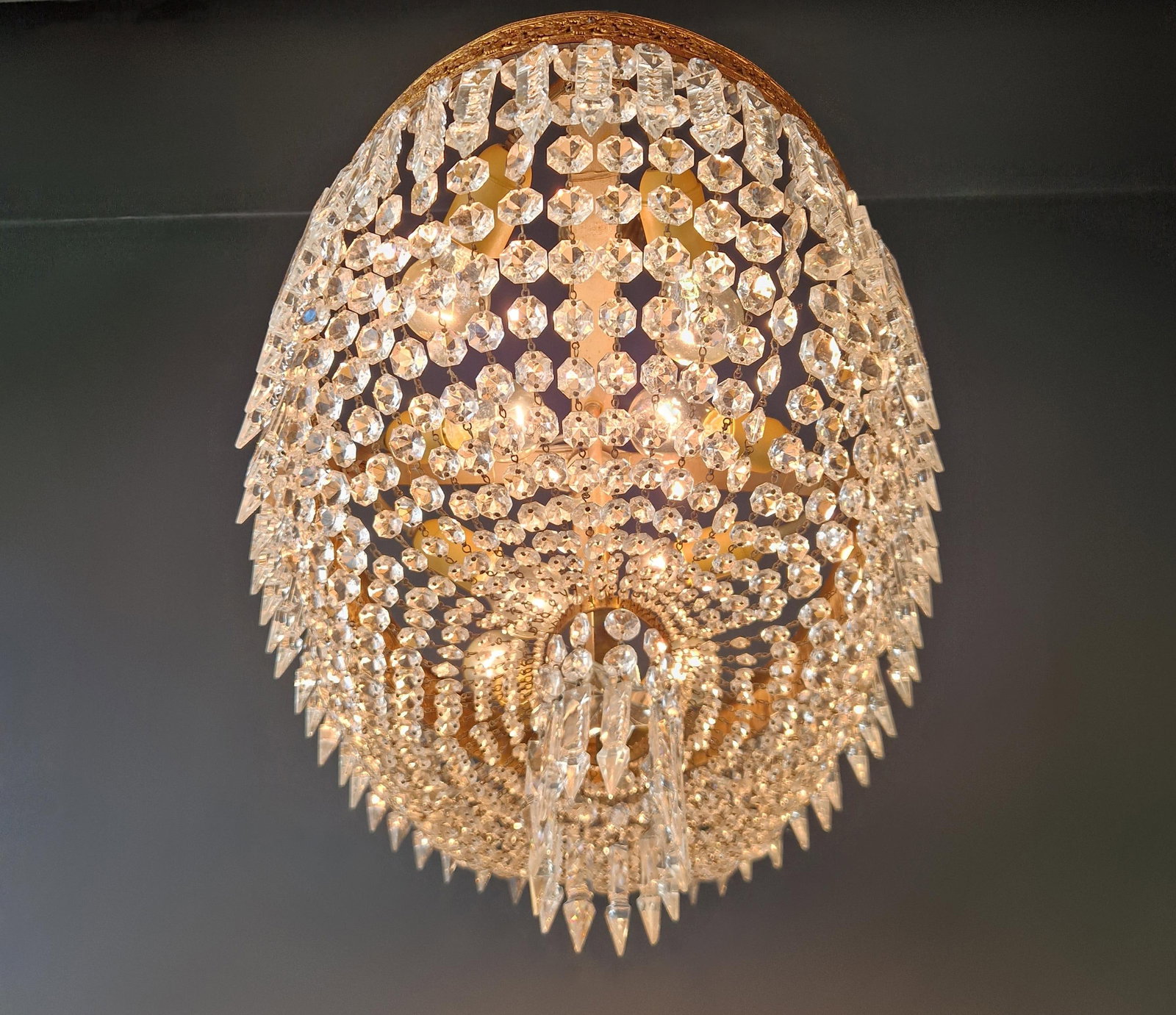 Antique Oval Flush Mount Chandelier Brass Crystal Ceiling Light Restored Gold - 6