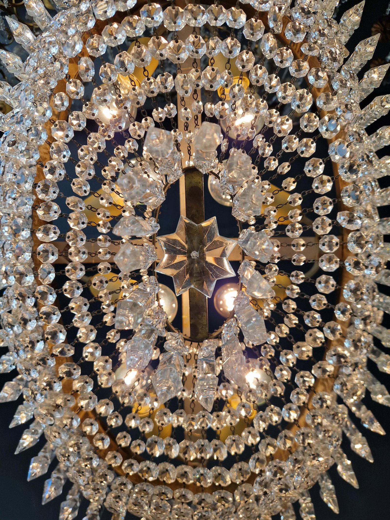 Antique Oval Flush Mount Chandelier Brass Crystal Ceiling Light Restored Gold - 7