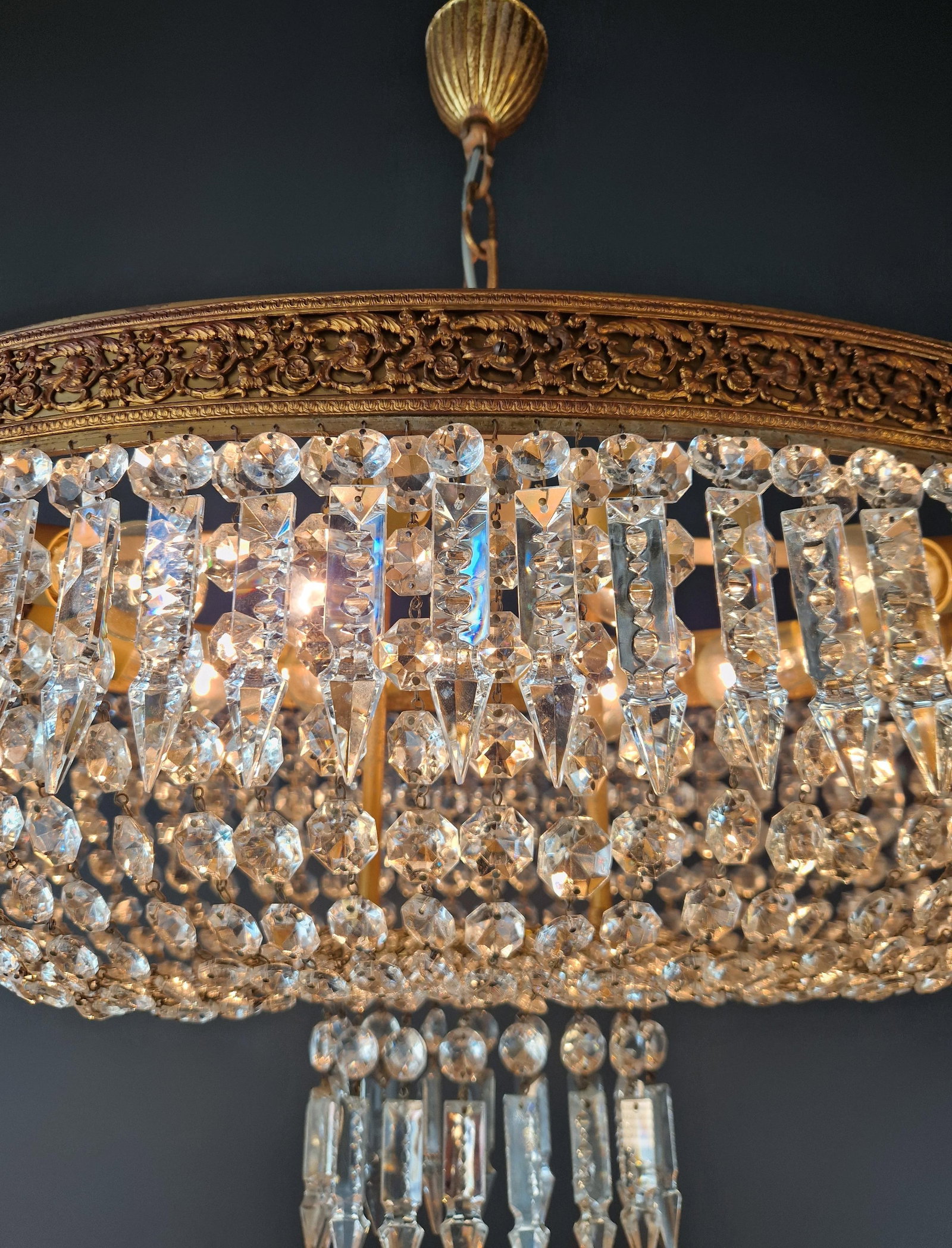 Antique Oval Flush Mount Chandelier Brass Crystal Ceiling Light Restored Gold - 8