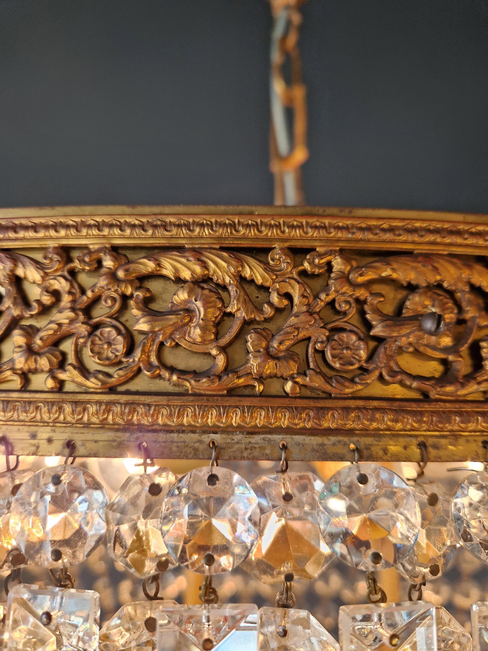 Antique Oval Flush Mount Chandelier Brass Crystal Ceiling Light Restored Gold - 9