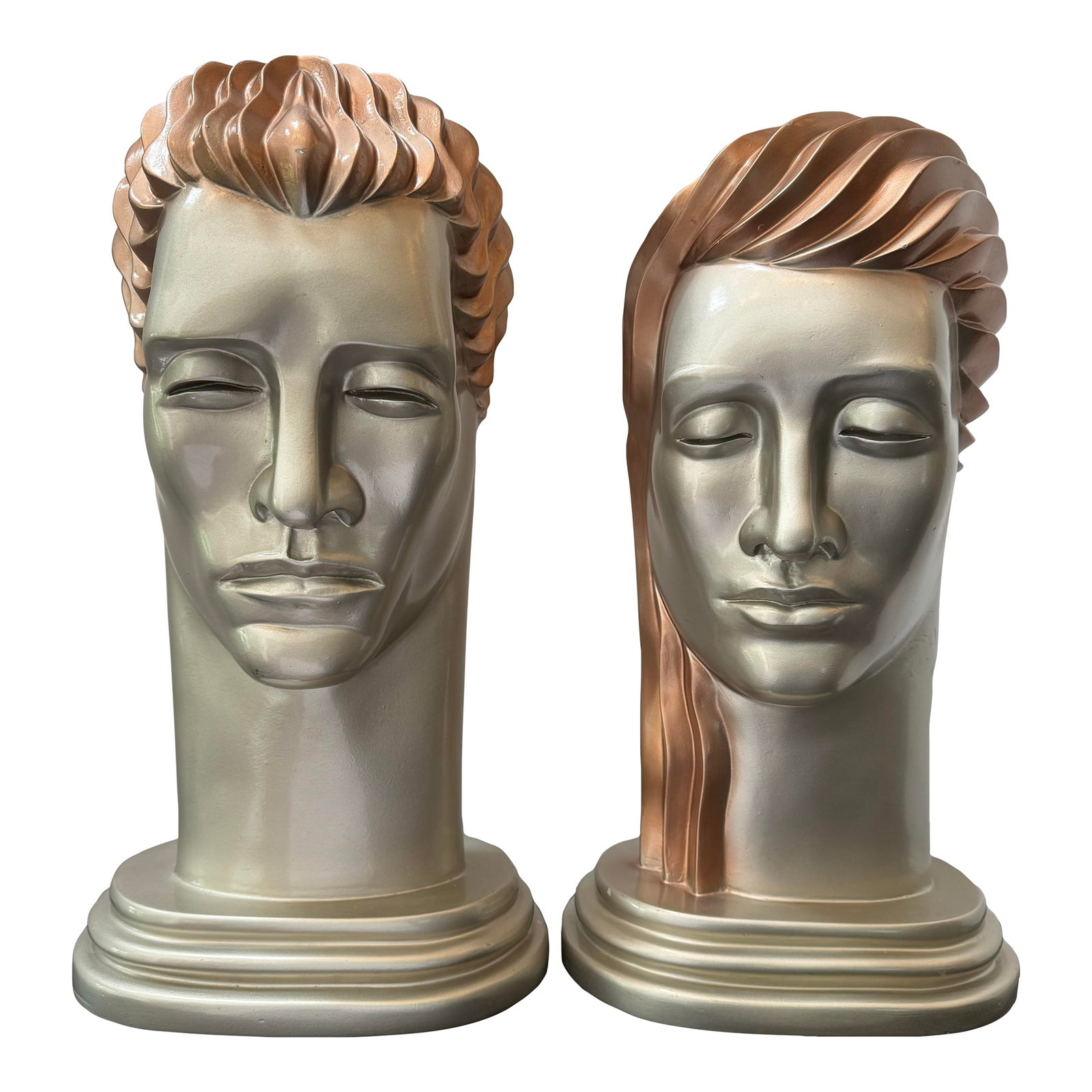 1980s Art Deco Revival Busts After Lora Marx -a Pair: Head of a Man and "Head of a Woman" were originally designed by Lora Marx in 1937 for the Tavern Club in Chicago, IL. These resin examples were likely produced in the Art Deco Revival period of the