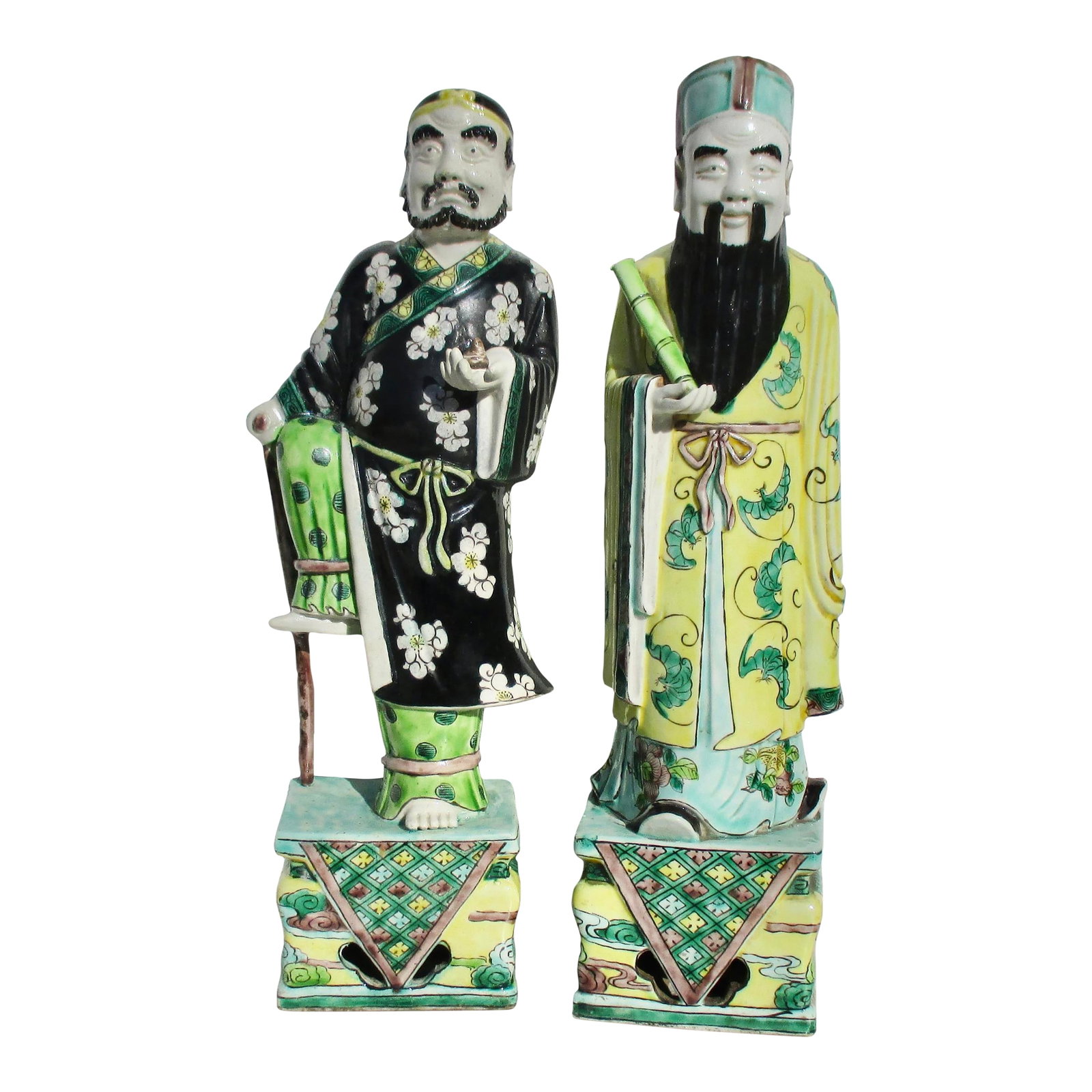 Kang Xi Sancai Porcelain Figures -a Pair of 2: Kangxi porcelain figures of two immortals, known as Li Tieguai, with the cane, and Fu Xing, good fortune. Sancai-glazed figures from the late 19th century, Qing Dynasty. The measurements are 3.5" by