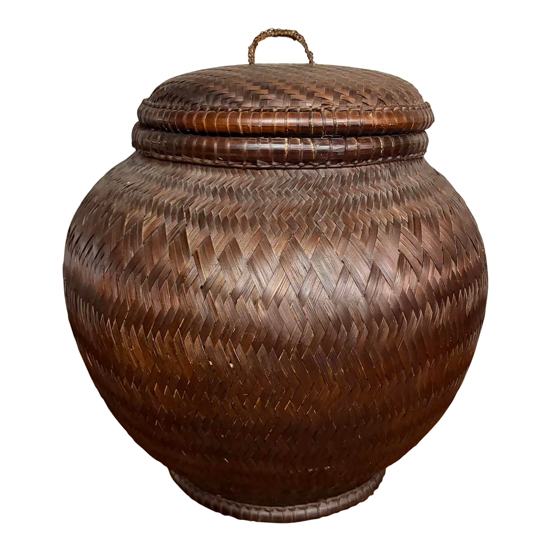 Vintage Handwoven Lidded Basket, Extra Large Storage Vessel: Beautiful large-scale vintage handwoven basket with fitted lid, likely Southeast Asian. This is a striking, sculptural piece with a generous rounded form and a tight, intricate weave that creates a