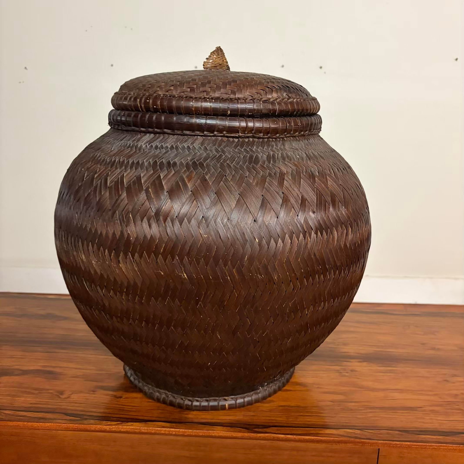 Vintage Handwoven Lidded Basket, Extra Large Storage Vessel - 2