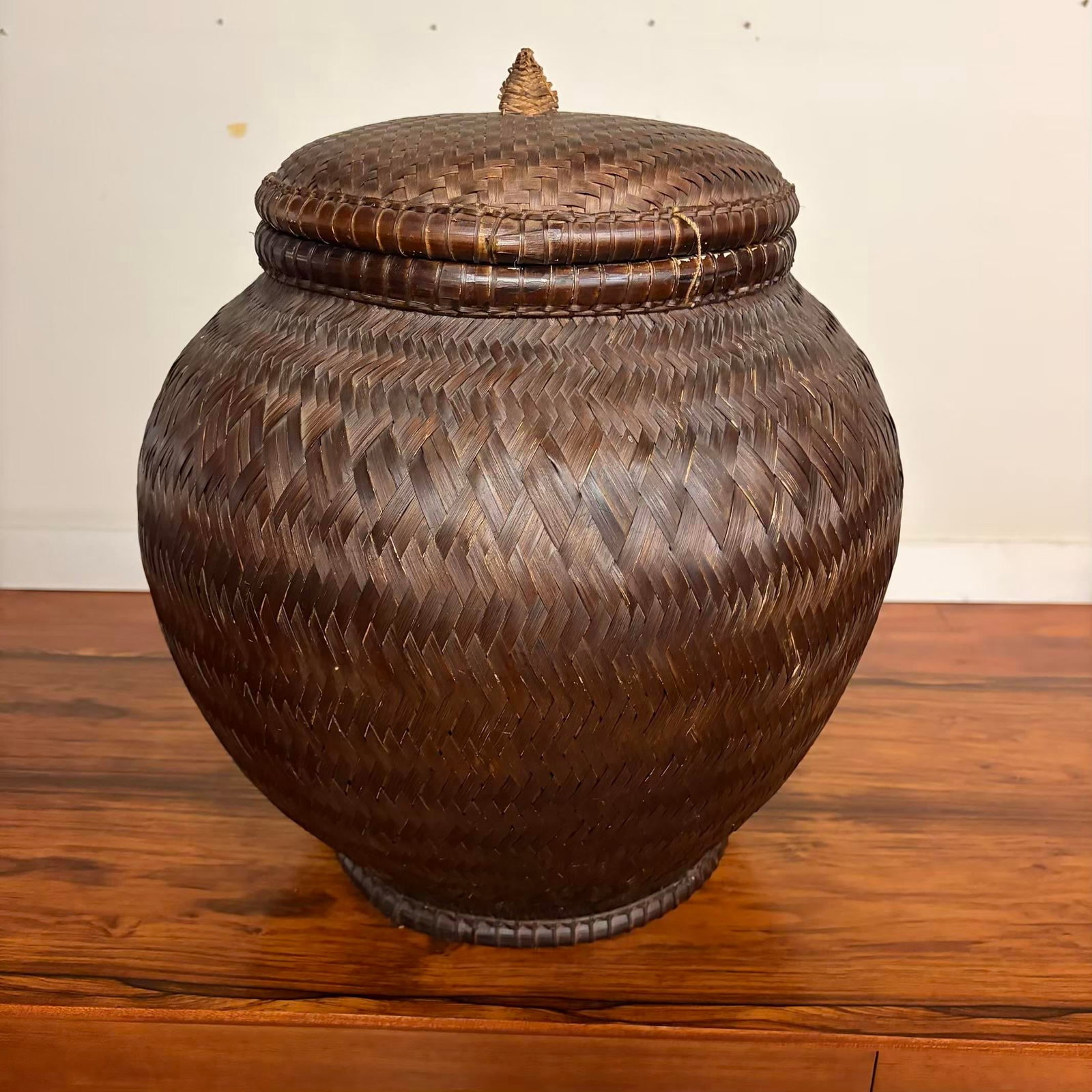 Vintage Handwoven Lidded Basket, Extra Large Storage Vessel - 3