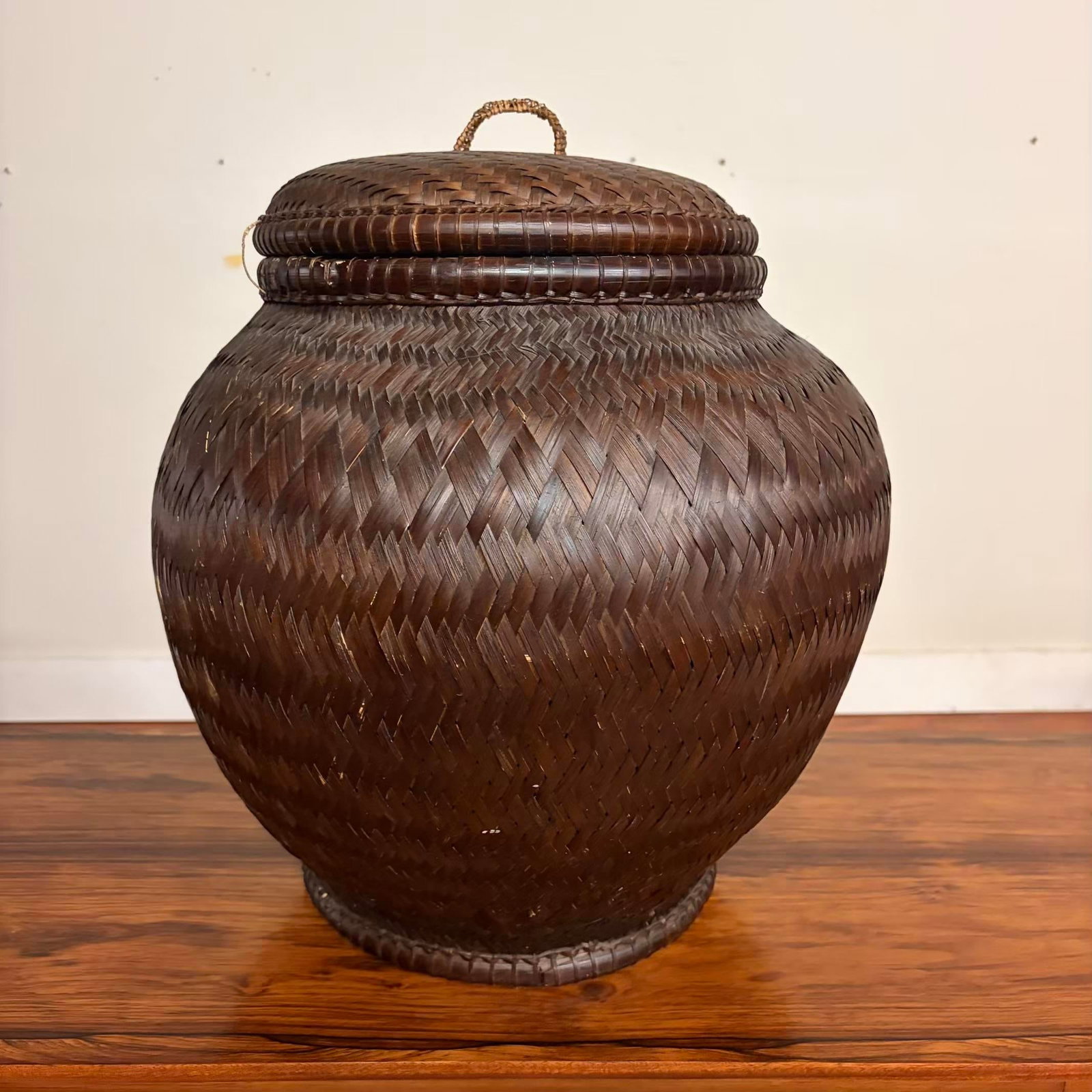 Vintage Handwoven Lidded Basket, Extra Large Storage Vessel - 4